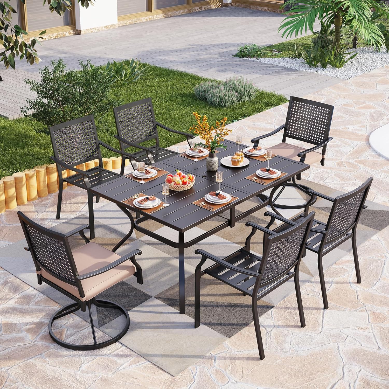 PHI VILLA 60 Inch Outdoor Patio Dining Table - Large Rectangle Table for 6-8 People with Umbrella Hole - Classic Black - Perfect for Backyard, Garden, Poolside & Outdoor Entertaining
