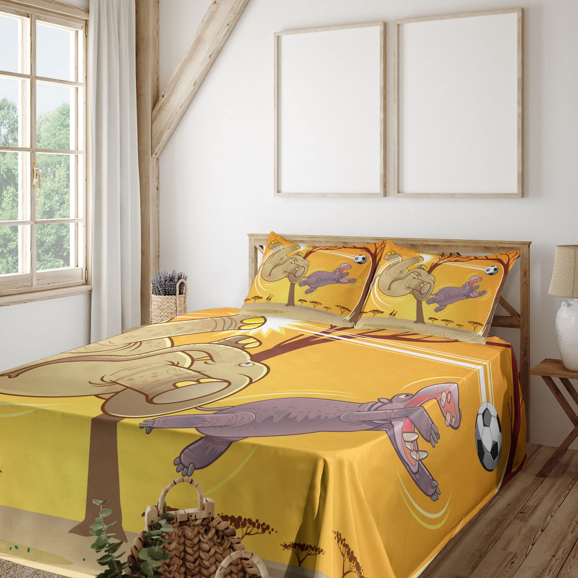 Ambesonne 4-Piece King Size Sheet Set - Hippo Playing Football Cartoon Animal Print Bedding, Orange Umber Purple - Fitted Sheet, Flat Sheet & 2 Pillowcases - Soft & Breathable for Comfortable Sleep - Perfect for Kids' Rooms, Dorm Decor or Sports-Themed Bedrooms
