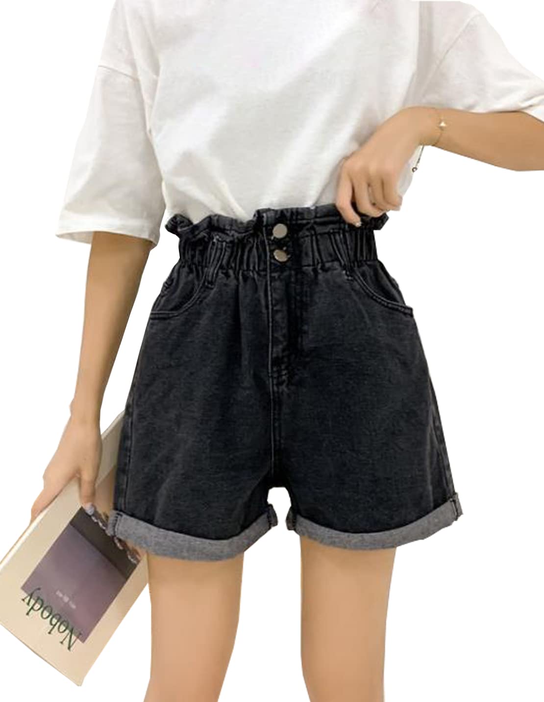 VIEWON Women's High Waist Stretch Denim Shorts - Elastic Waistband, Rolled Hem, Comfortable Cotton Casual Shorts with Pockets | Perfect for Summer, Beach, Travel & Everyday Wear