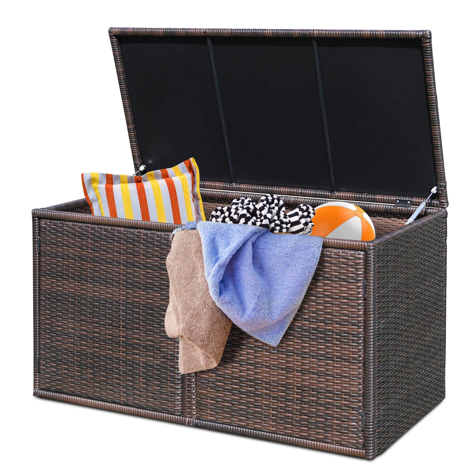 **Tangkula 88 Gallon Outdoor Wicker Storage Box with Steel Frame & Lid – Weather-Resistant Rattan Deck Bin for Garden Tools, Patio Accessories, Pool Toys, and Backyard Organization (Brown)**