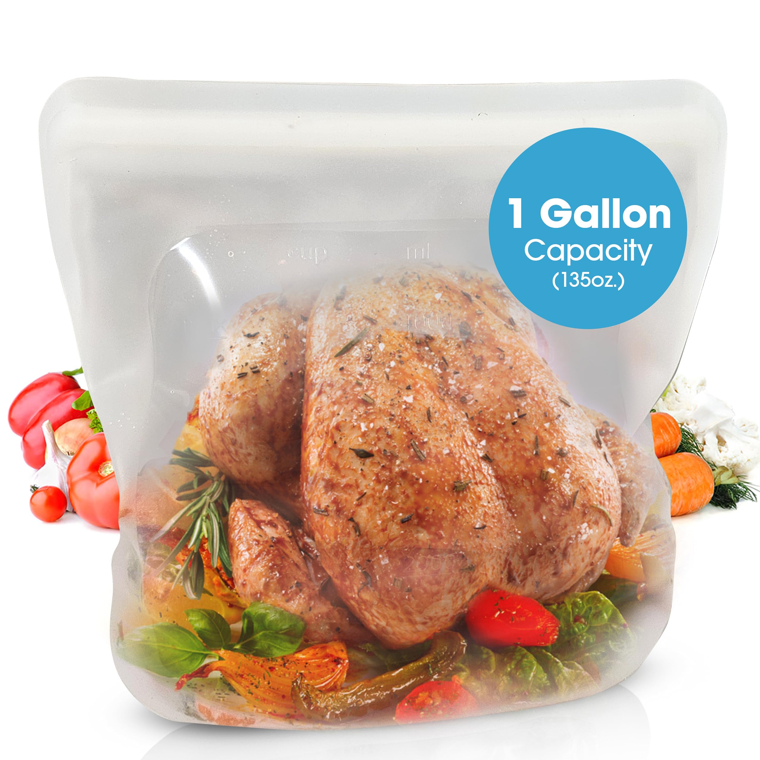 Reusable Silicone Sous Vide Bag - 1 Gallon (135oz) XXL Food Storage Bag | Freezer Safe, Zero Waste Kitchen Container | Perfect for Sous Vide Cooking, Meal Prep & Kitchen Organization | Great for Vacuum Sealing, Freezing & Storing Leftovers
