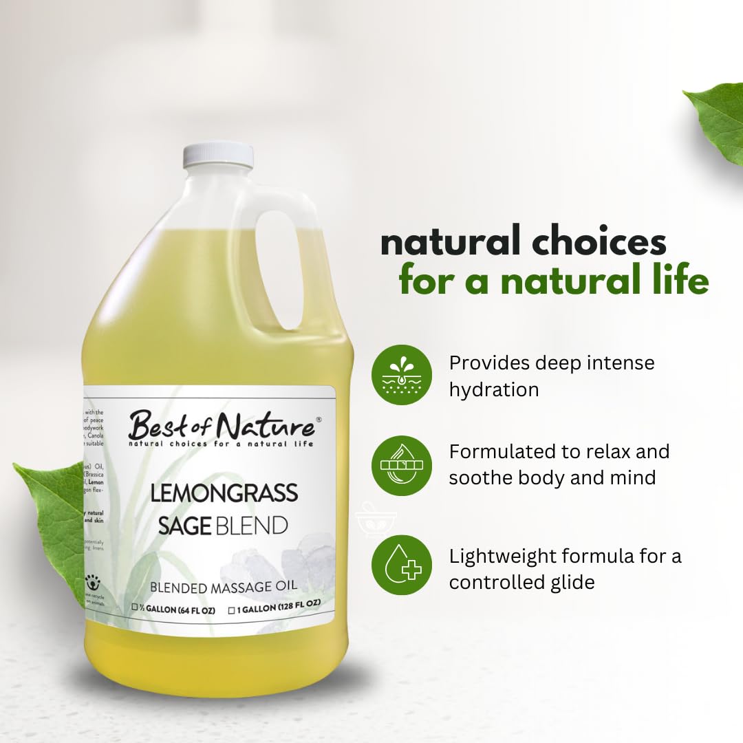 **Best of Nature Lemongrass & Sage Massage Oil – Non-Greasy Aromatherapy Body Oil for Relaxation, Skin & Face Care – Pure Essential Oils, 64 fl oz (Half Gallon) – Perfect for Spa, Yoga & Stress Relief**