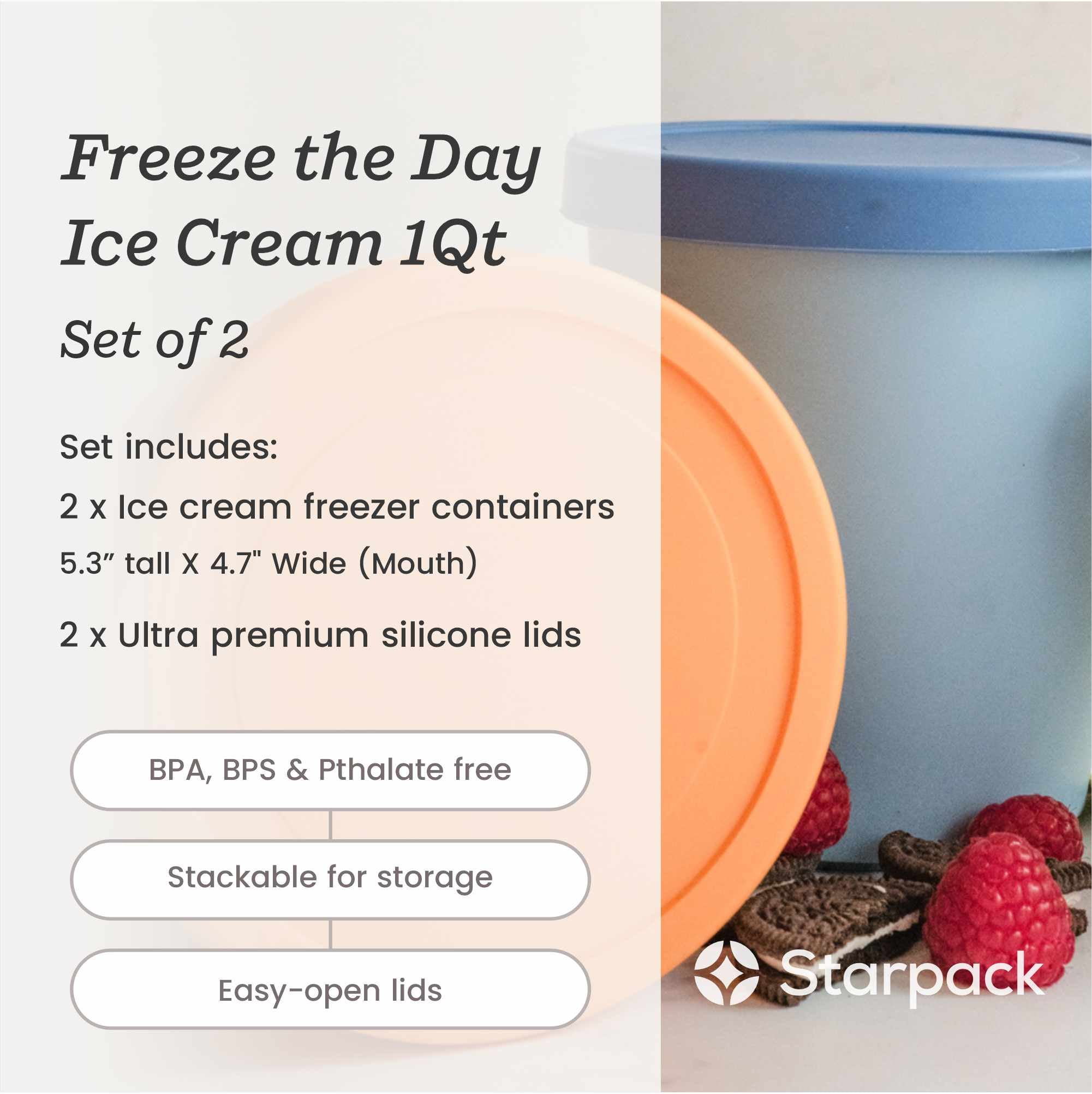 Premium 1Qt Ice Cream Freezer Container Set of 2 - Leakproof & Durable Storage for Homemade Gelato, Sorbet & Desserts - Perfect for Parties, Picnics & Family Gatherings