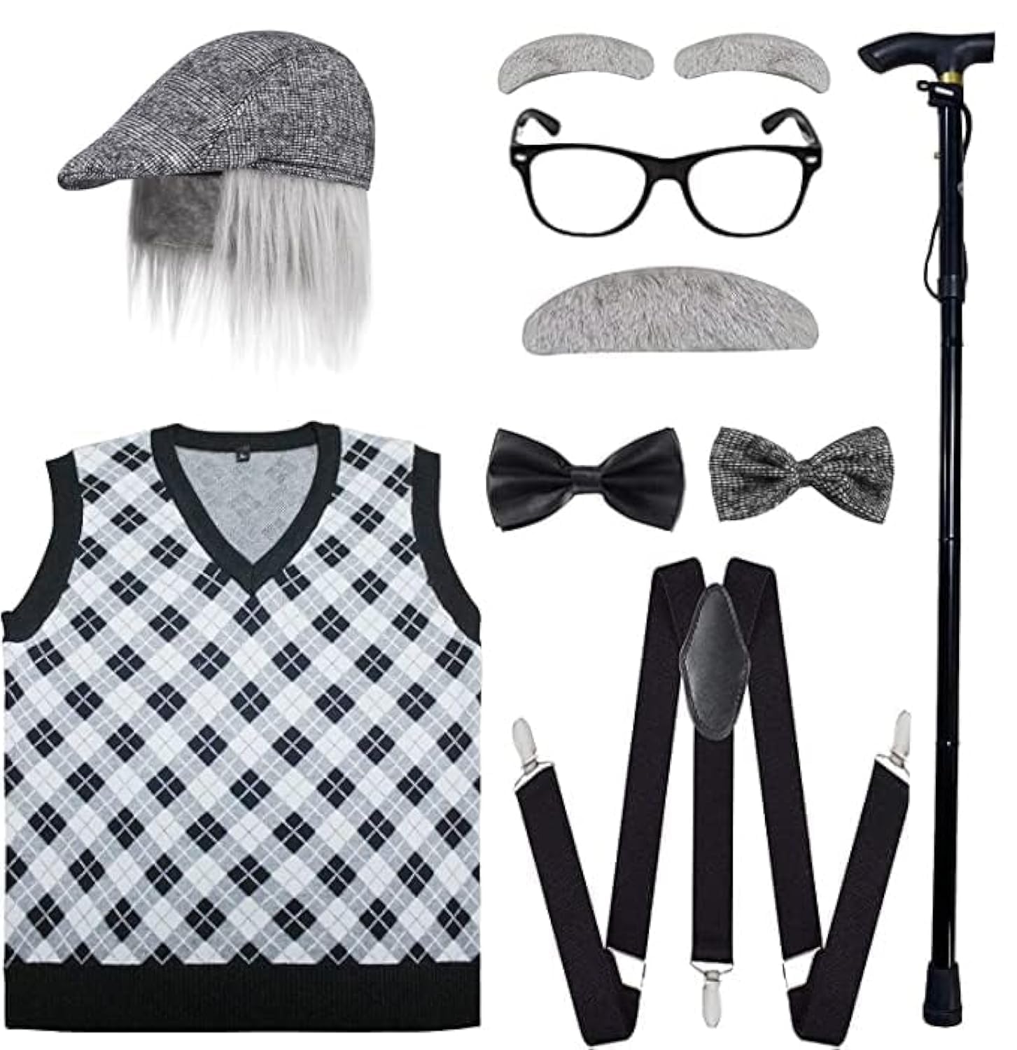 ATTBEA Old Man Costume for Kids - 100 Days of School Costume for Boys with Hat & Glasses - Funny Dress Up Outfit for School Events, Halloween & Themed Parties