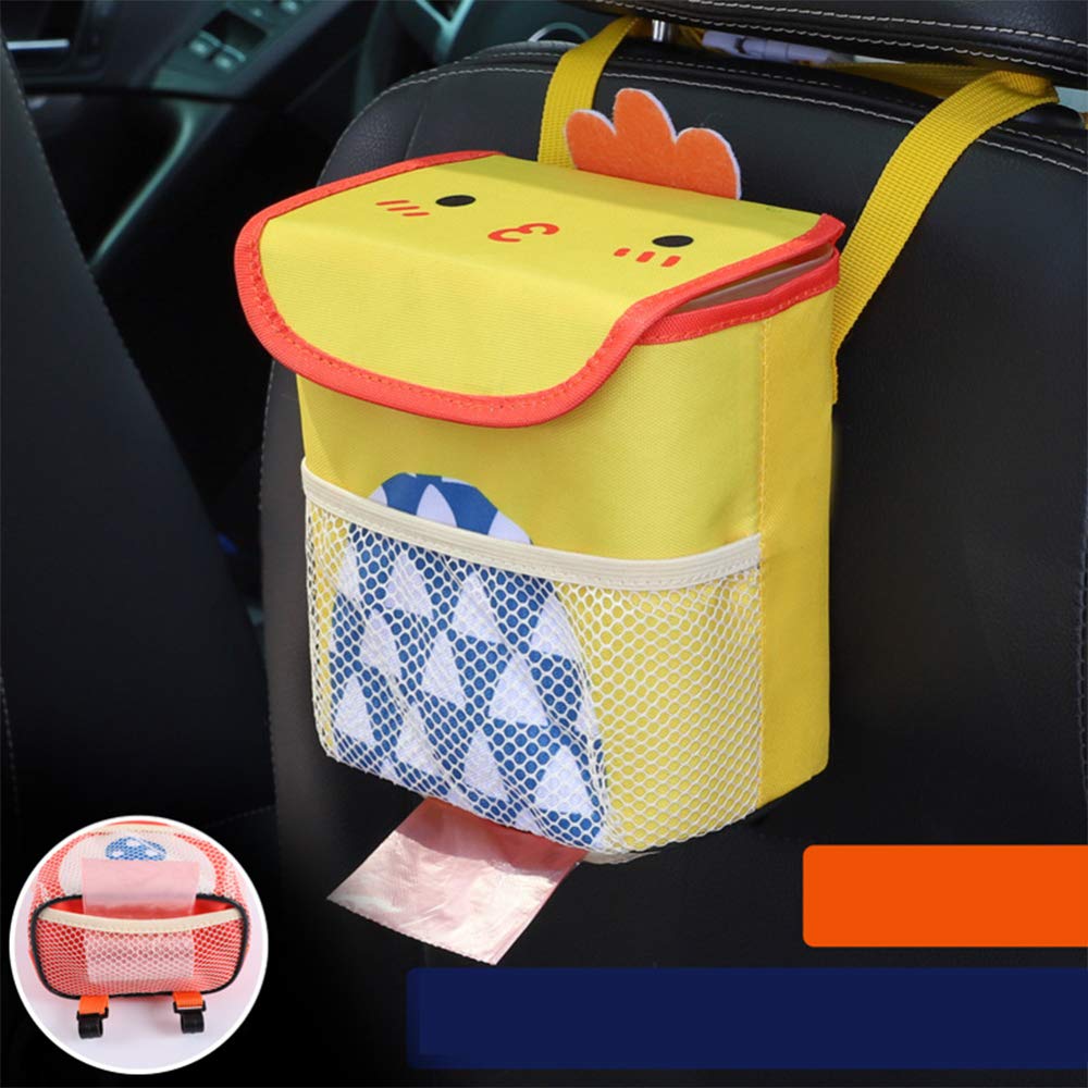 FidgetKute Hanging Car Trash Can - Cute Cartoon Multifunctional Car Storage Box & Garbage Bag (Yellow Chicken Design) | Perfect for Road Trips, Daily Commutes & Keeping Your Vehicle Clean