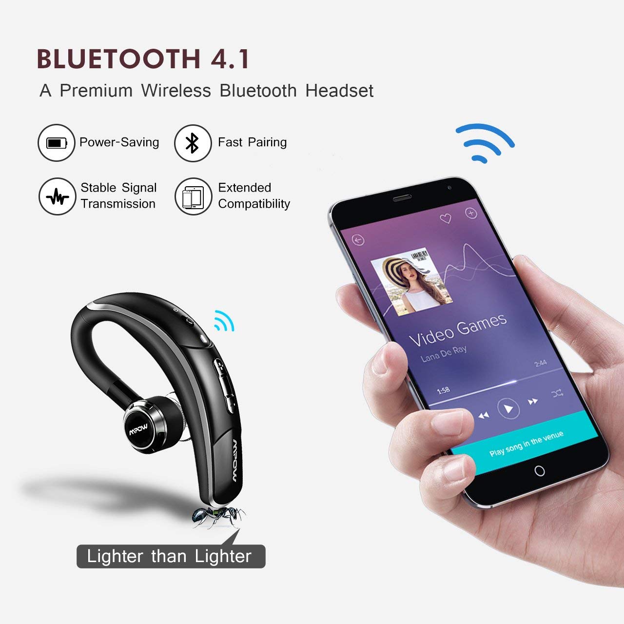 MPOW Crescent Bluetooth Headset with CVC6.0 Noise Cancelling Microphone - Wireless Headset for Office, Driving & Gaming - No Logo Design