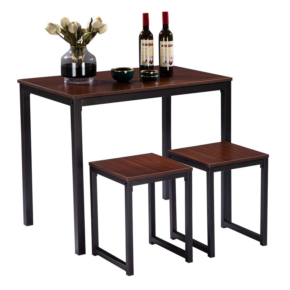 SSLine 3-Piece Breakfast Table and Chair Set - Modern Walnut Kitchen Dining Table with 2 Stools - Compact Space-Saving Furniture for Small Apartments, Kitchen Nooks & Breakfast Areas