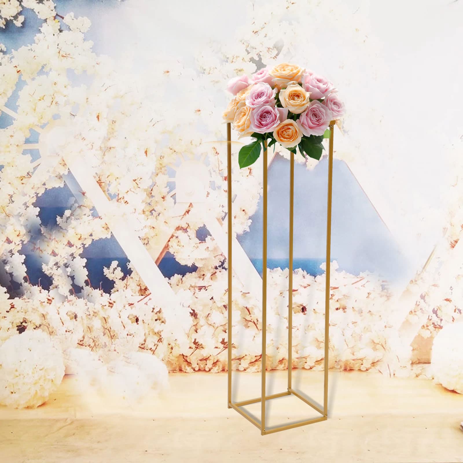 Gold Metal Geometric Flower Floor Vase Stand - 100cm Tall Wedding Column Vase for Table Centerpiece, Home Decor & Event Decoration | Perfect for Weddings, Parties & Living Room Decor
