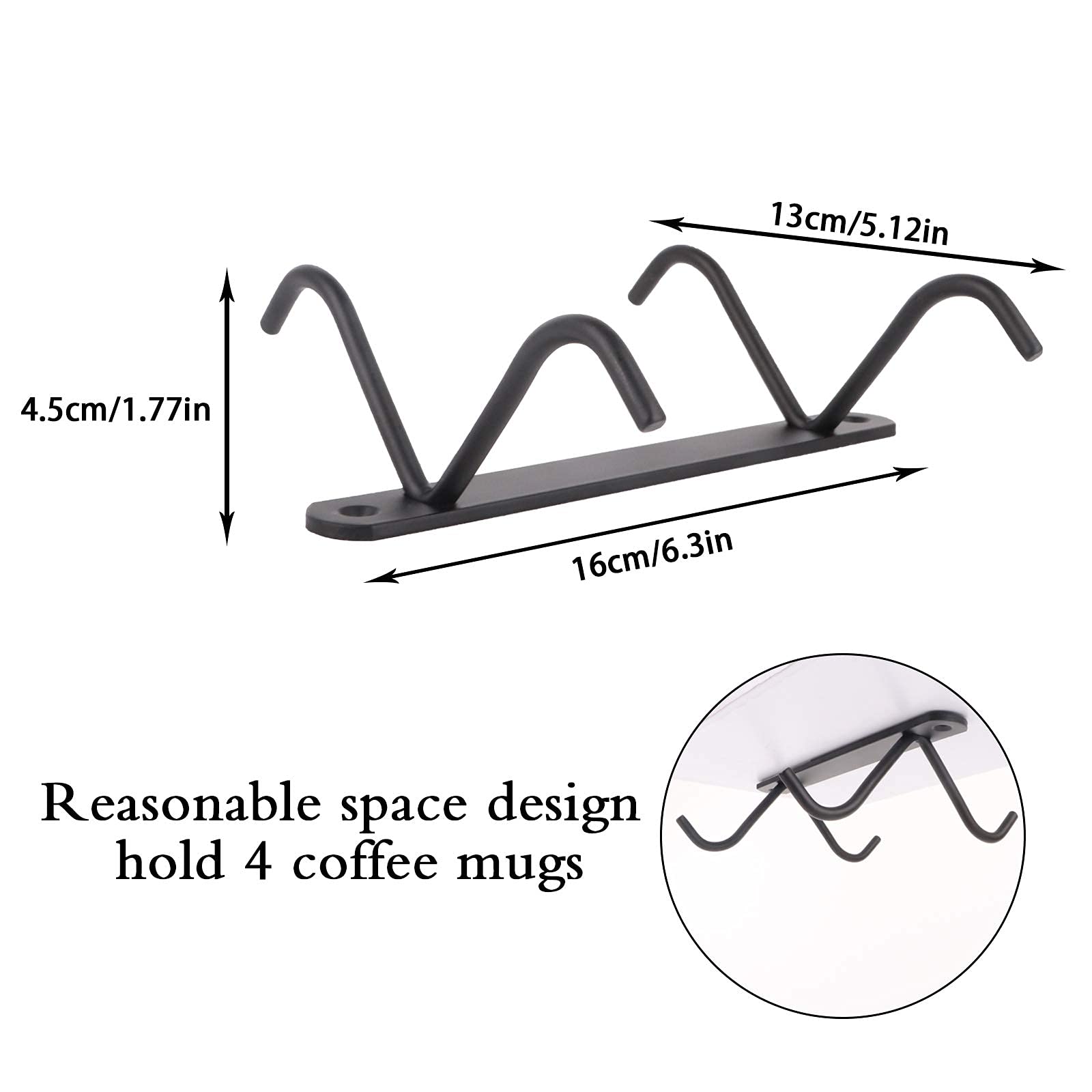 Dedoot 4-Hook Under Cabinet Mug Holder Set of 2 - Black Metal Coffee Cup Rack for Mugs, Cups & Kitchen Utensils - Perfect for Small Kitchen Organization & Space Saving Storage
