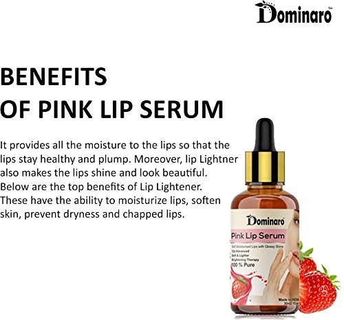 Dominaro Pink Lip Serum Oil - Strawberry Flavor Lip Gloss with Moisturizer for Soft & Shiny Lips - 30ml for Men & Women | Perfect for Daily Hydration & Night Care