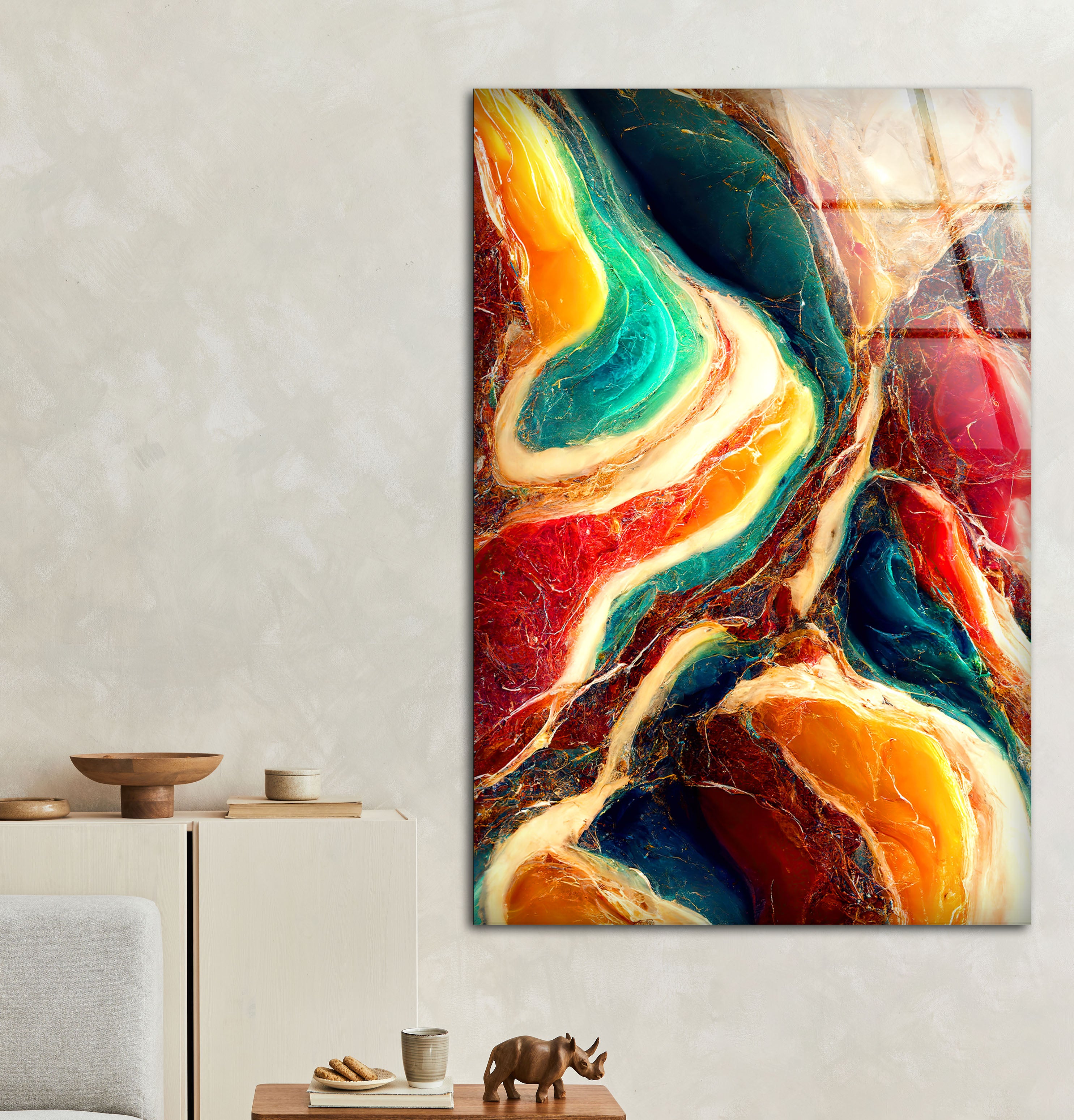 Vibrant Abstract Marble Wall Art - Modern Teal, Orange & Red Glass Print for Luxurious Home & Office Decor | Perfect for Living Room, Bedroom & Contemporary Spaces