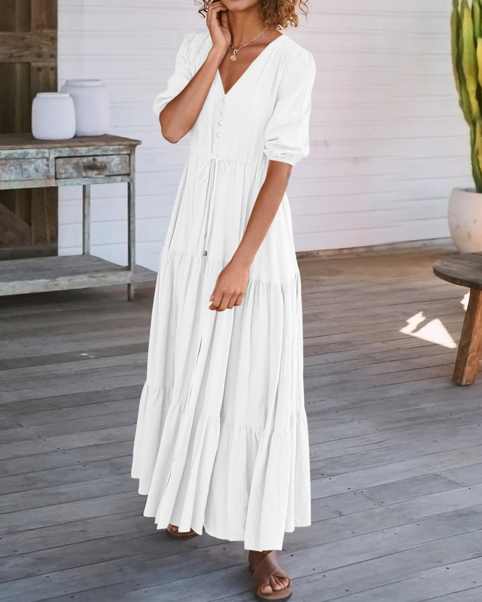 BTFBM Women's Summer Maxi Dress - Short Sleeve V-Neck Button Down Boho Long Dress with Drawstring Waist, Solid Color Casual Beach Dress for Vacation, Party & Everyday Wear