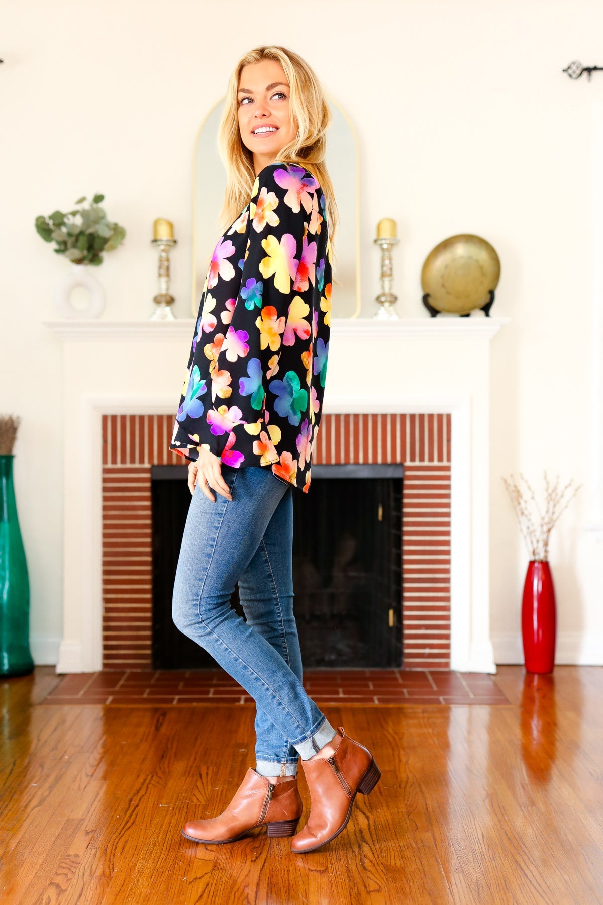 Be Bold Black Floral Hi-Lo Ruffle Sleeve Woven Blouse | Women's Fashion Tops for Party, Date Night & Special Occasions