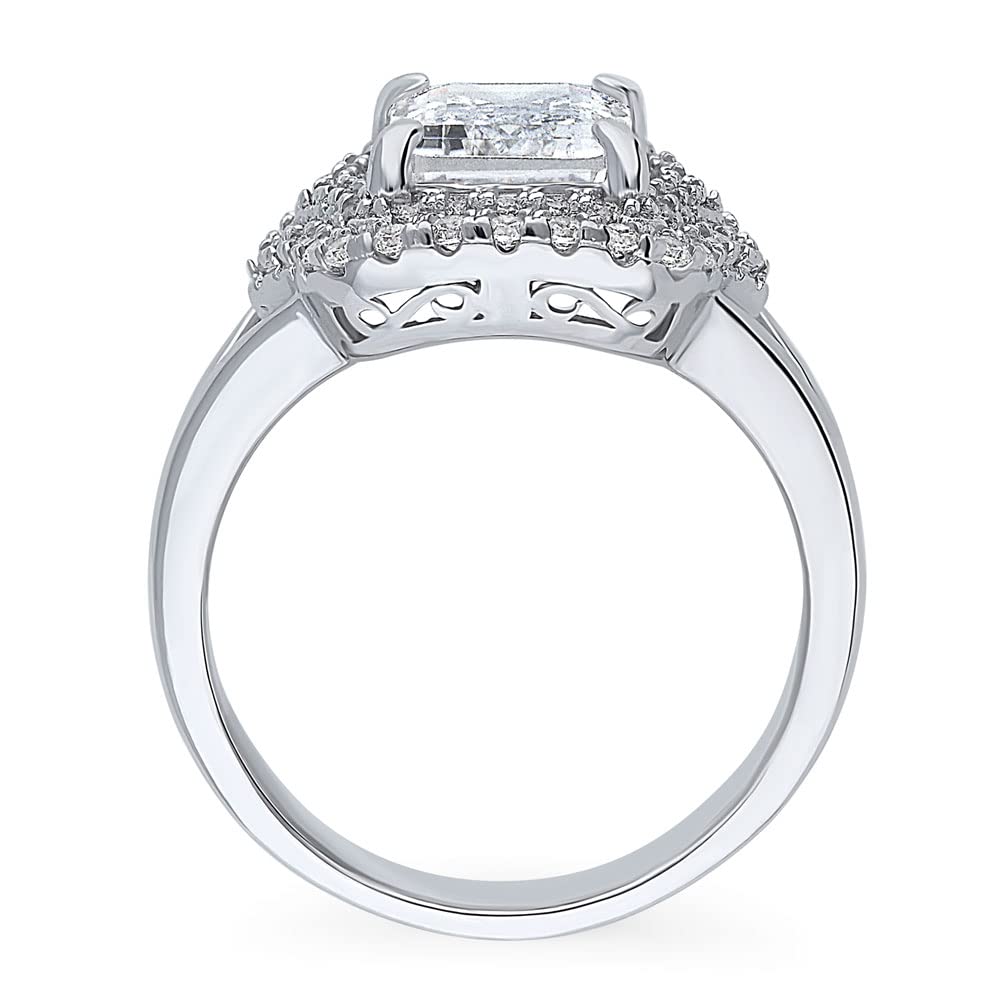 BERRICLE Sterling Silver Halo Wedding Engagement Ring for Women - Step Emerald Cut Cubic Zirconia CZ Statement Cocktail Split Shank Ring, Rhodium Plated Size 4-10 | Perfect for Proposals, Anniversaries, Date Nights & Special Occasions