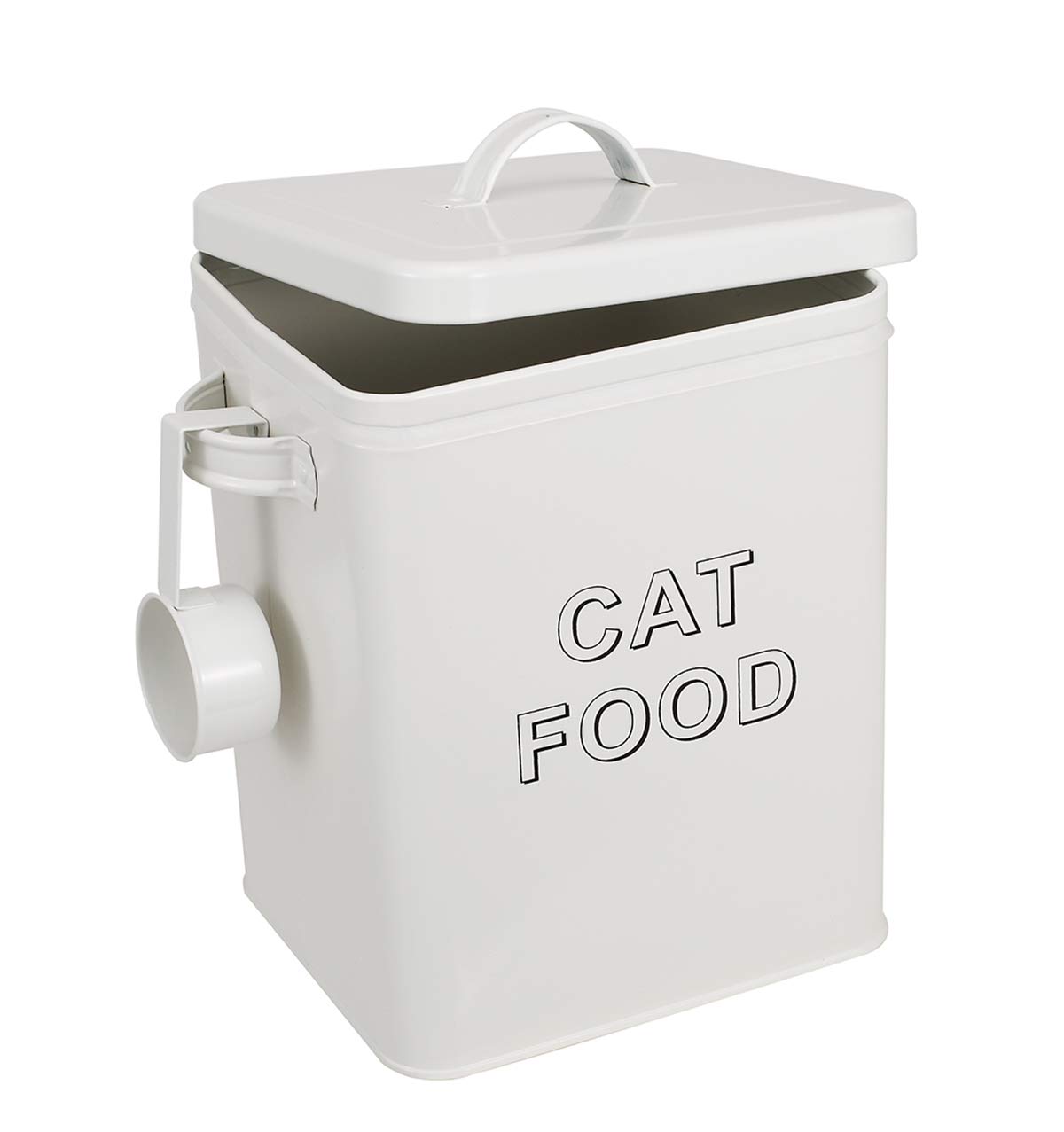 Premium Cat Food and Treat Storage Containers with Scoop - Airtight Wood Lids & Coated Carbon Steel Canisters for Fresh Pet Food - Perfect for Kitchen Pantry or Pet Feeding Station (White)