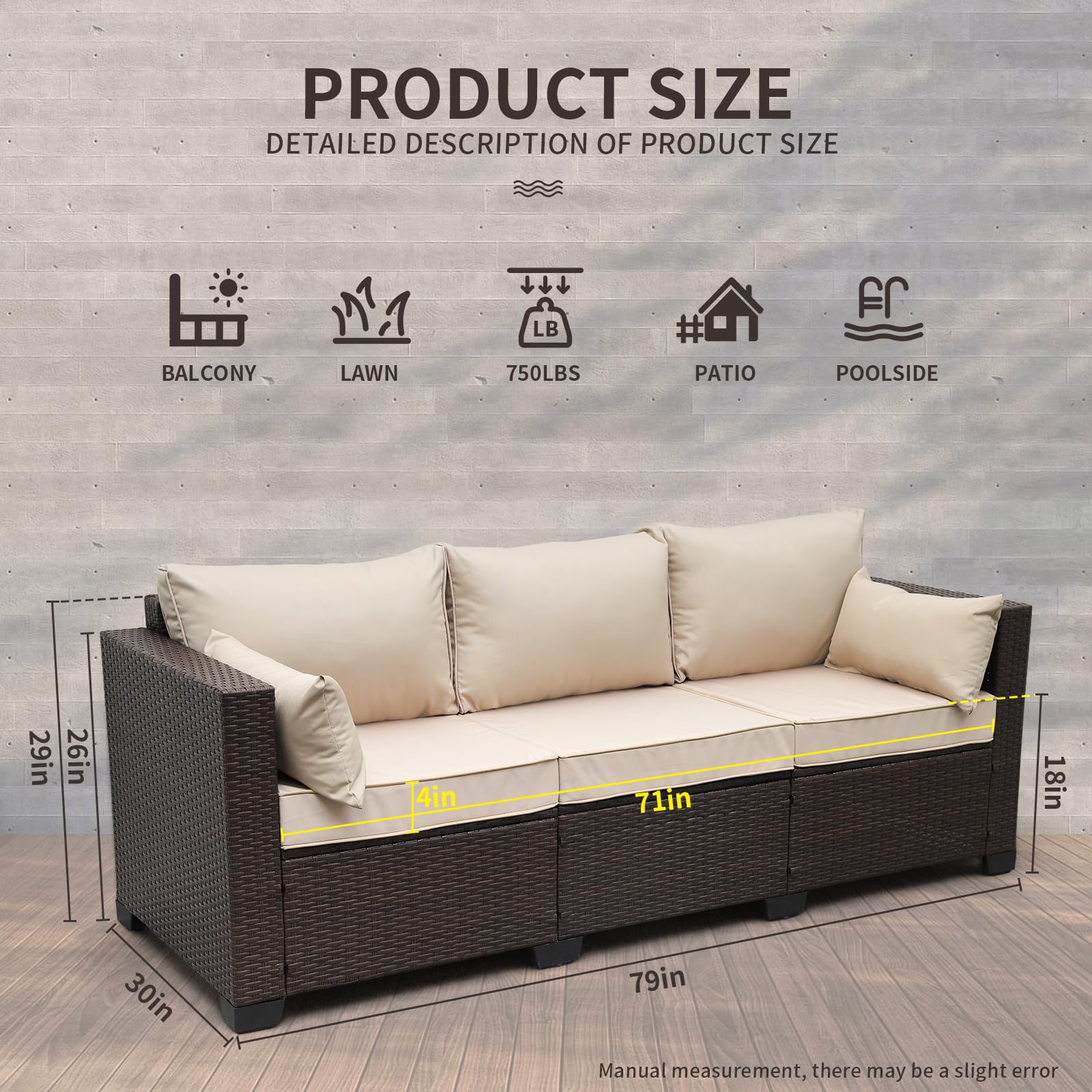 WAROOM 3-Seat PE Wicker Patio Sofa Set - Brown Rattan Outdoor Deep Seating Furniture with Non-Slip Beige Cushions | Perfect for Poolside, Garden, Deck & Backyard Relaxation