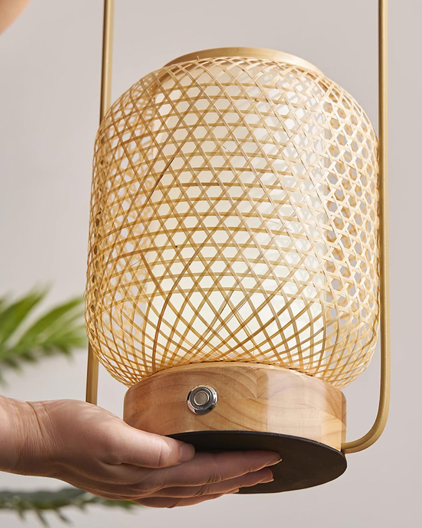 Eco-Friendly Bamboo Lantern Table Lamp - Handmade Natural Rattan Nightstand Light for Bedroom, Living Room, Patio & Outdoor Decor