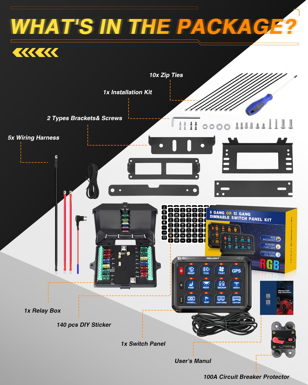 12 Gang RGB Bluetooth Switch Panel with Strobe & Momentary Toggle - Universal Control Box for Offroad, Boat, SUV, Camper Van, RV, ATV & Construction Vehicles | Perfect for Lighting, Audio & Accessory Control