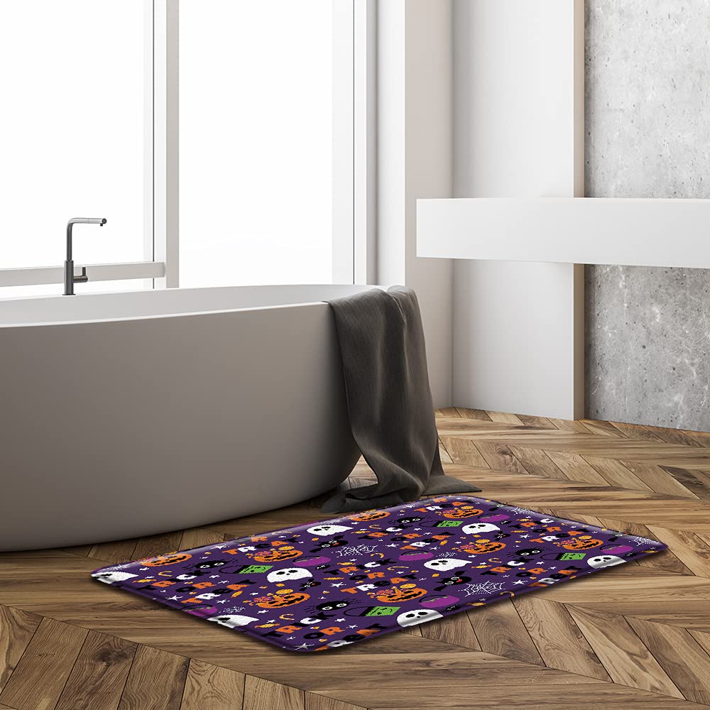 Funny Halloween Bath Mat - Ghost Pumpkin Treat or Trick Sugar Spider Design, Gothic Purple Holiday Bathroom Decor Rug, Non-Slip Toilet Floor Mat (17.7x29.5 Inch) - Perfect for Spooky Bathroom & Entryway Decorations