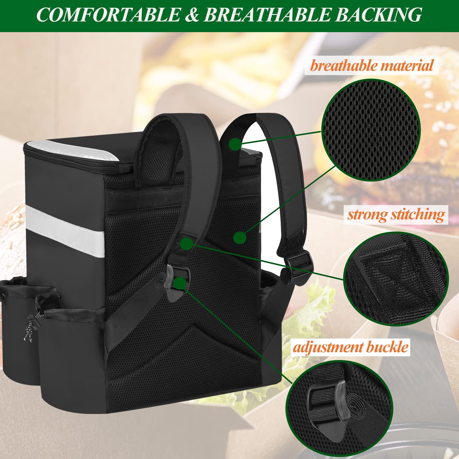 Insulated Pizza Delivery Backpack with Cup Holders & Support Boards - Hot/Cold Food Carrier for Bike Delivery - Perfect for Uber Eats, DoorDash & Restaurant Takeout (Black)