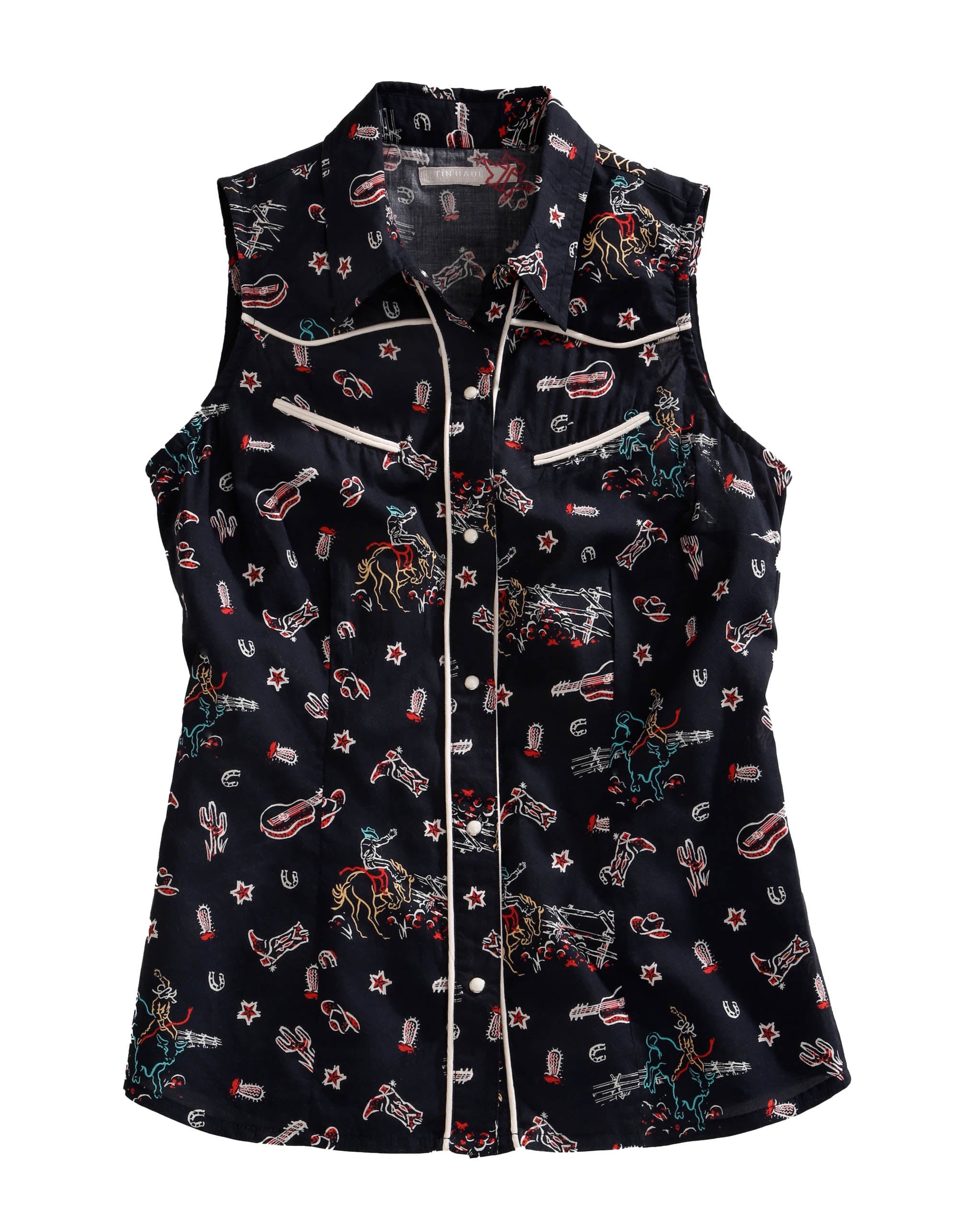 Women's Sleeveless Snap Western Shirt with Vintage Print - Perfect for Cowgirl Outfits, Country Concerts & Summer Rodeo Events