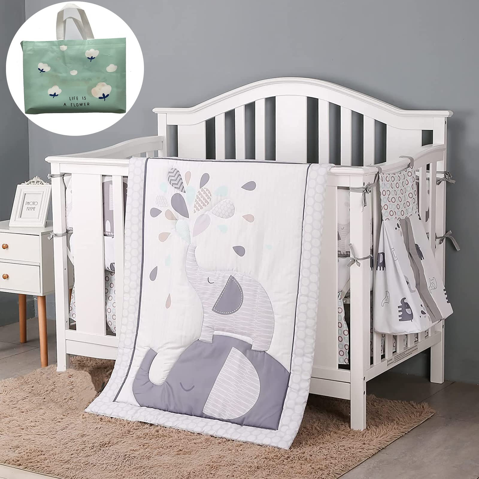 9-in-1 Complete Soft Crib Nursery Bedding Set with 4 Side Cushions, Quilt, Sheet, Pillowcase, Skirt & Diaper Bag for Baby Boys & Girls - Grey Elephant Design - Perfect for Newborns, Infants & Toddlers in Nursery Rooms & Daycare Centers