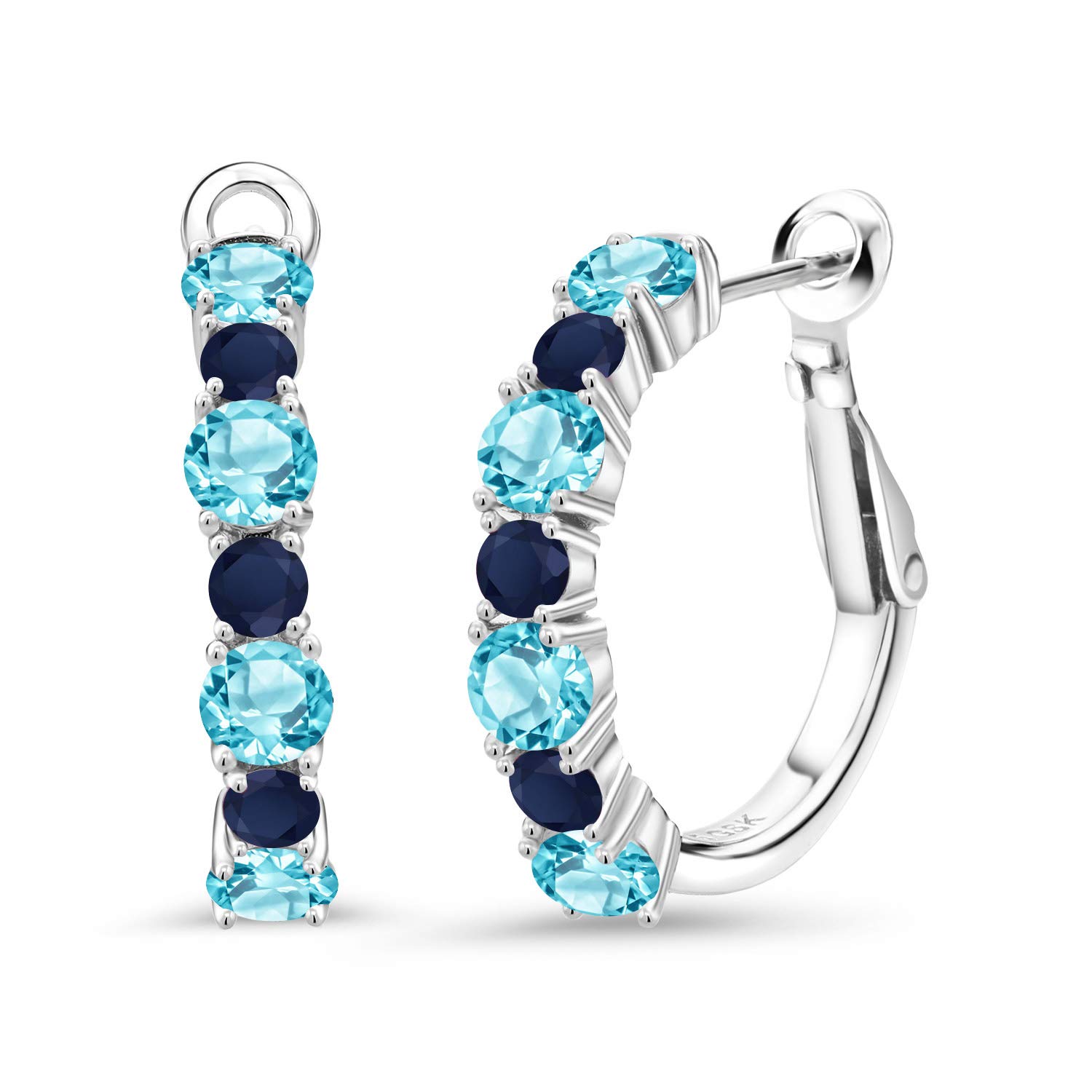 3.62 Ct Round Swiss Blue Topaz & Blue Sapphire 925 Sterling Silver Hoop Earrings for Women | Elegant Dangle Earrings for Party, Wedding & Everyday Wear | Gem Stone King