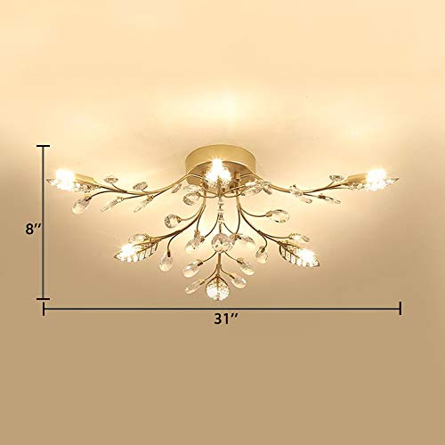Black & Gold 6-Light Leaf Semi Flush Mount Ceiling Light with Clear Crystal Accents - Modern Contemporary Metal Lighting Fixture for Dining Room, Bedroom or Living Room