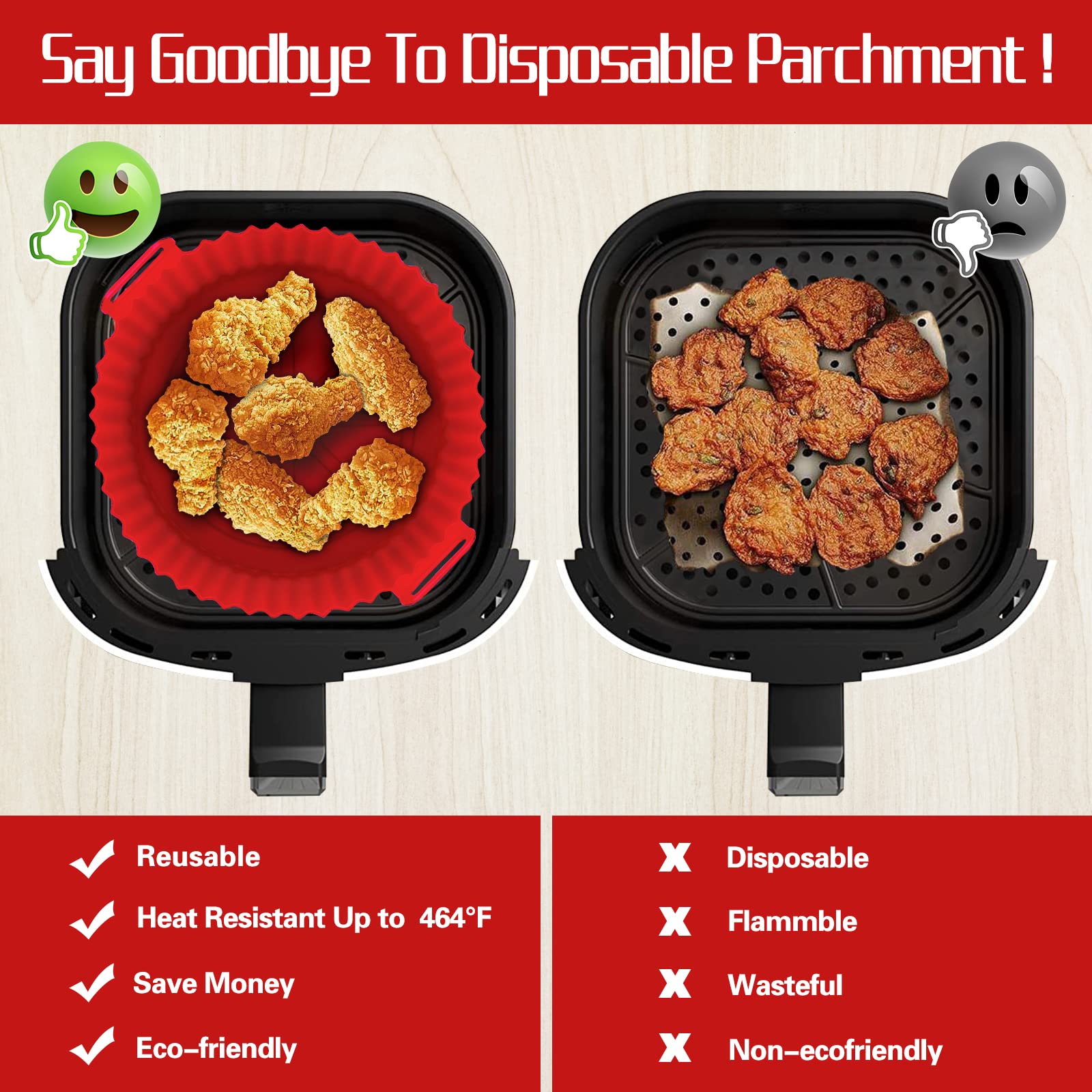 2 Pack 8 Inch Reusable Silicone Air Fryer Liners - Non-Stick Round Basket for 3.5-7 QT Air Fryers, Ovens & Microwaves (Black+Red) - Perfect for Baking, Roasting & Reheating Food Without Mess