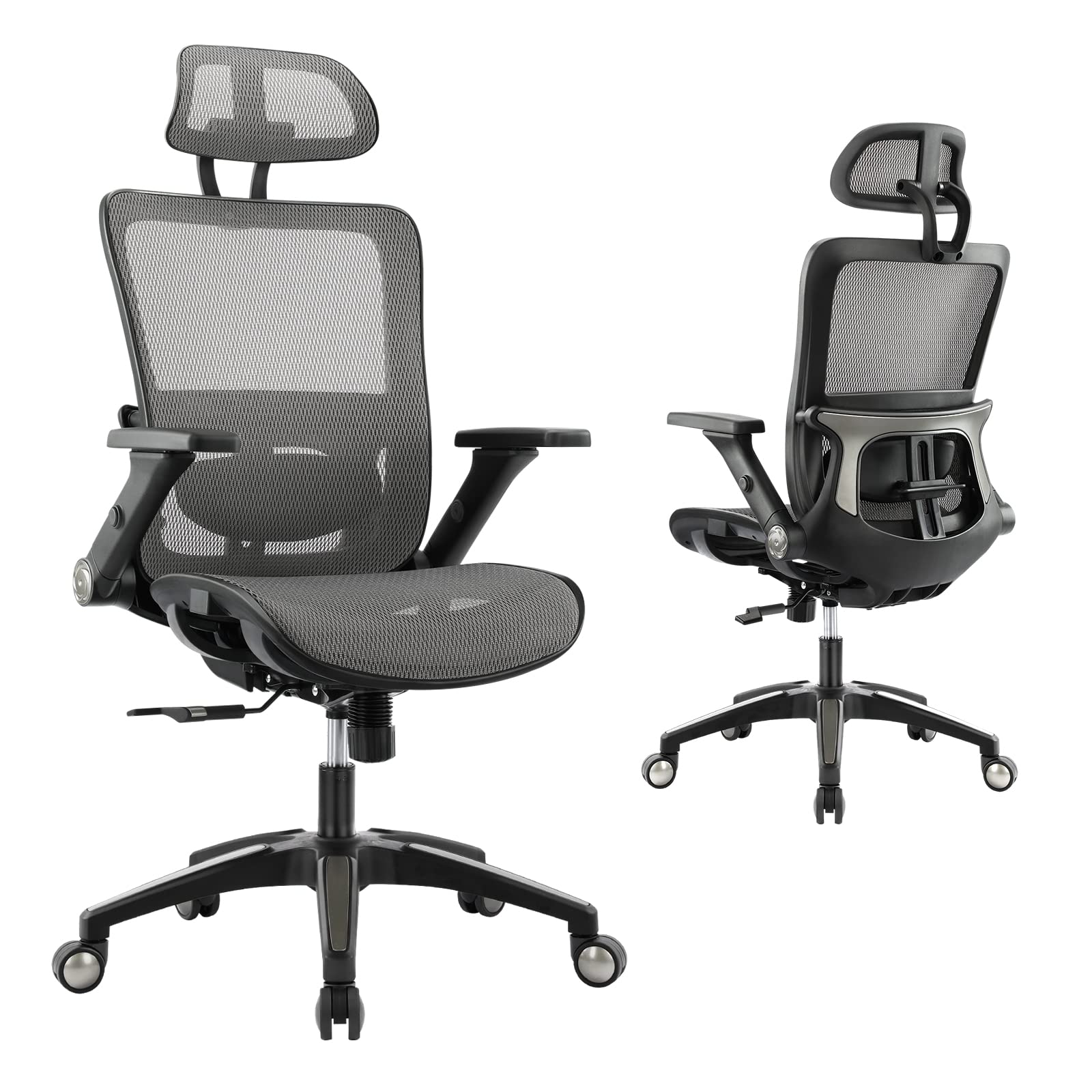 Ergonomic Mesh Office Chair with High Back, Headrest & 4D Flip-Up Armrests - Adjustable Tilt Lock & Lumbar Support - Grey - Perfect for Home Office, Gaming & Computer Workstations