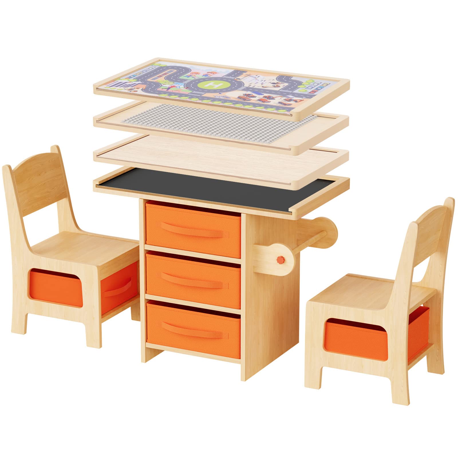 DAWNSPACES 4-in-1 Kids Table and Chair Set - Wooden Toddler Desk with Storage Drawers & Baskets for Drawing, Reading, Playroom, Homeschooling & Montessori Learning Activities