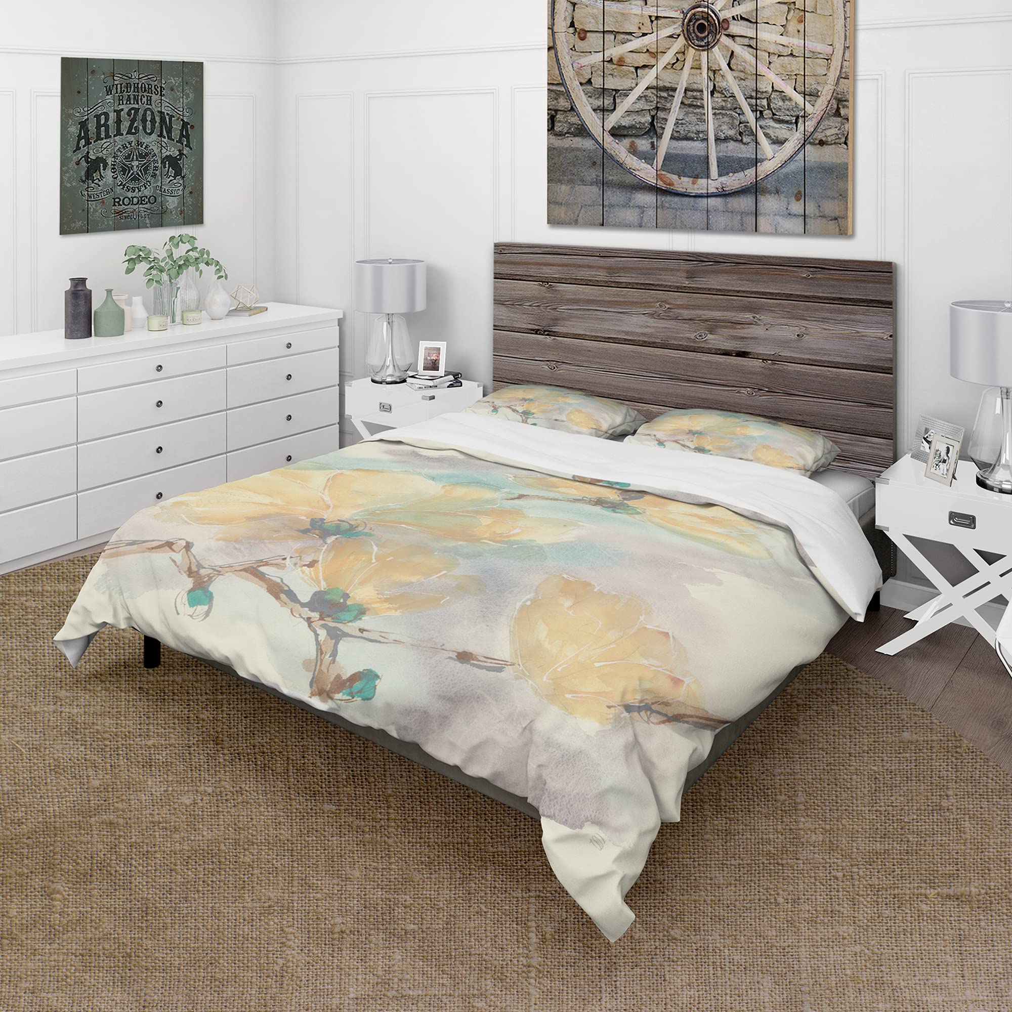 DesignQ Magnolias in White II Traditional Blue Floral Duvet Cover Set Queen - 3 Piece All Season Bedding Set for Comfortable Sleep & Home Decor