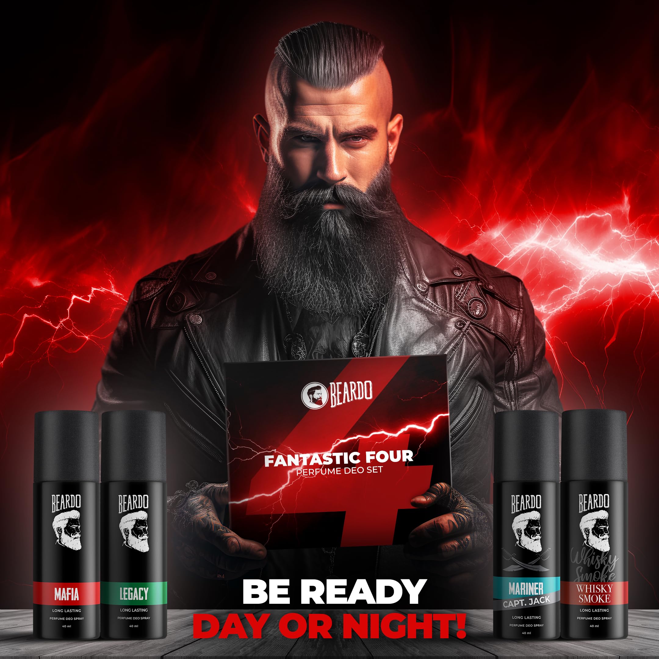 Beardo Fantastic 4 Perfume Body Spray Gift Set for Men - 4X40ml Long Lasting Fragrances (Legacy, Mafia, Mariner Capt Jack, Whisky Smoke) | Valentine's Day Gift for Husband, Boyfriend & Men | Perfect for Date Night, Office & Special Occasions