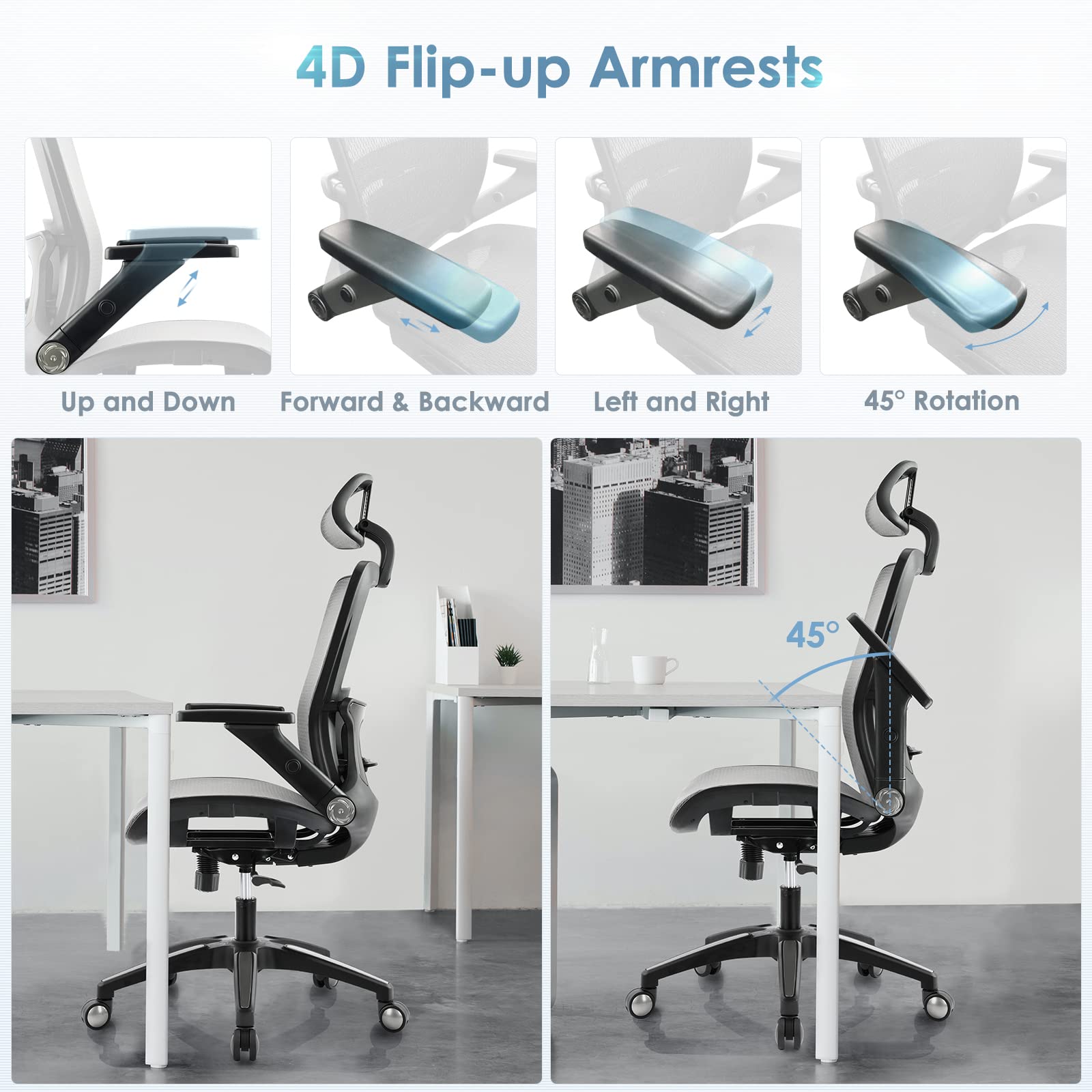 Ergonomic Mesh Office Chair with High Back, Headrest & 4D Flip-Up Armrests - Adjustable Tilt Lock & Lumbar Support - Grey - Perfect for Home Office, Gaming & Computer Workstations