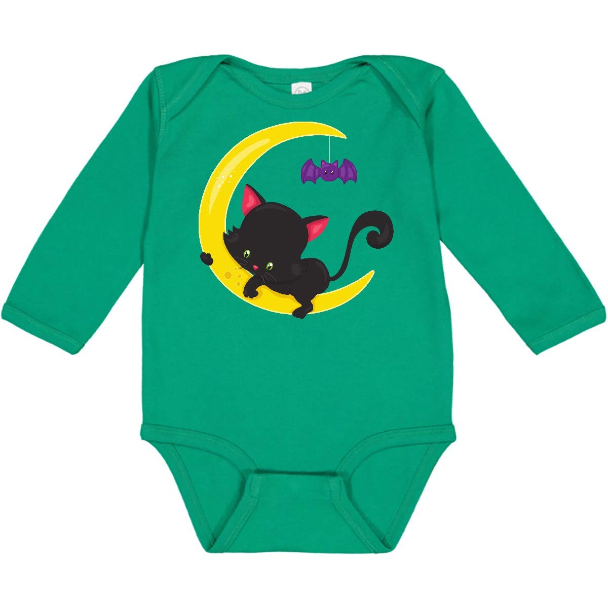 Inktastic Halloween Cat Long Sleeve Creeper - Cute Black Cat with Moon & Bat Design | Perfect for Halloween Costumes, Fall Fashion & Cat Lover Outfits