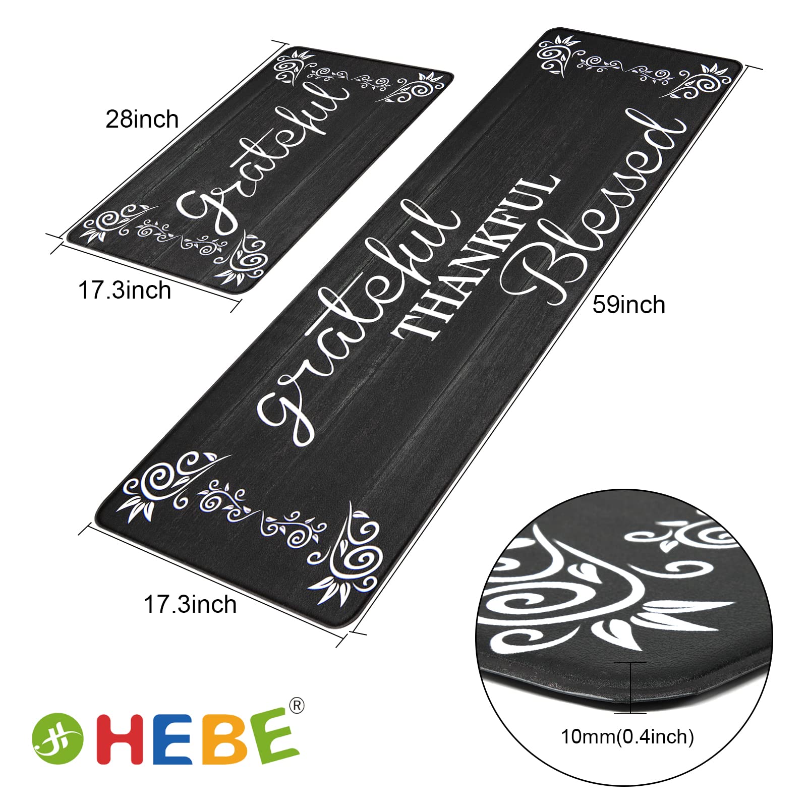 HEBE Anti-Fatigue Kitchen Mat Set of 2 - Non-Slip Cushioned Floor Mats for Standing - Waterproof Farmhouse Style Rugs for Sink, Office & Laundry - Comfortable Standing Desk Mat for Home & Workplace Use