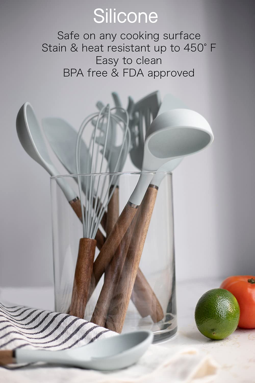 Non-Stick Silicone Cooking Utensil Set with Wood Handles - 8-Piece Kitchen Tools for Baking, Frying & Sauteing - Dishwasher Safe White Utensils for Home Chefs & Professional Kitchens