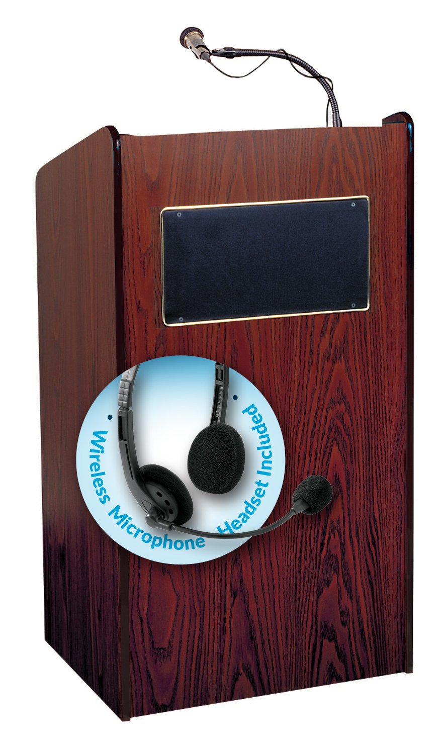 Oklahoma Sound 6010-MY/LWM-7 Aristocrat Podium with Headset Microphone - Premium Mahogany Wood Lectern for Church, Conference & Public Speaking Events
