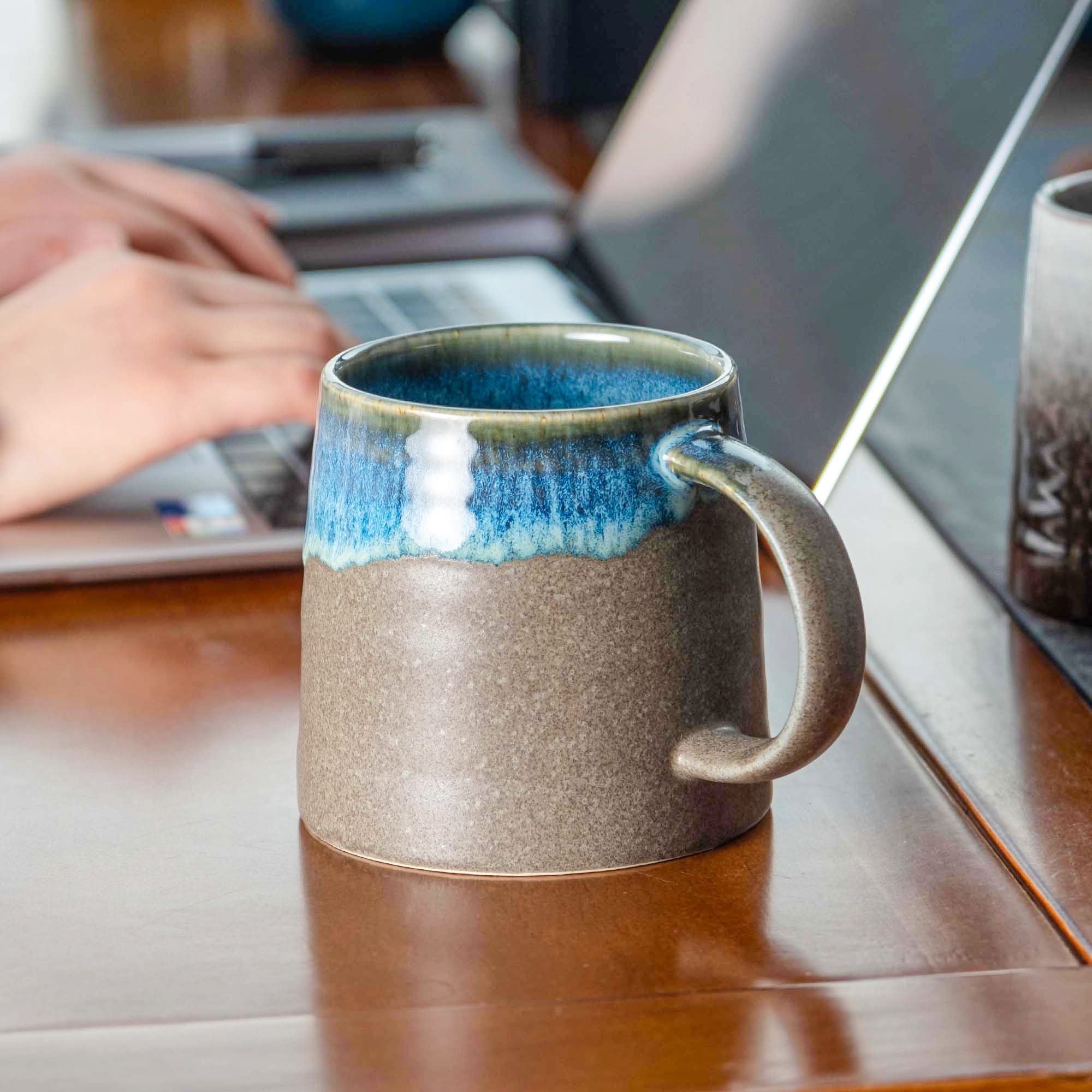 Large 16 oz Handmade Ceramic Coffee Mug & Tea Cup with Handle - Dishwasher & Microwave Safe for Office, Home, or Gifts - Blue Grey - Perfect for Morning Coffee, Afternoon Tea, and Cozy Relaxation