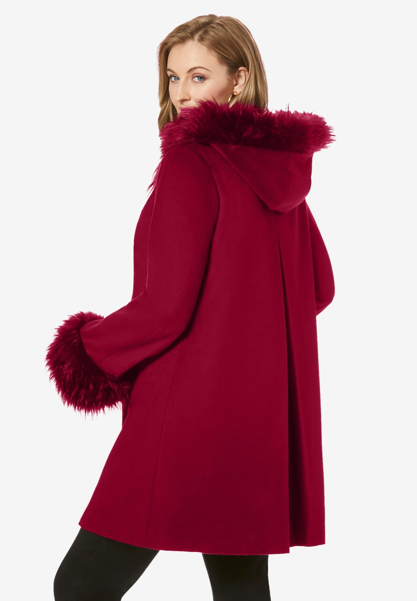 Jessica London Women's Plus Size Hooded Faux Fur Trim Coat - Warm Winter Outerwear for Casual & Dressy Occasions
