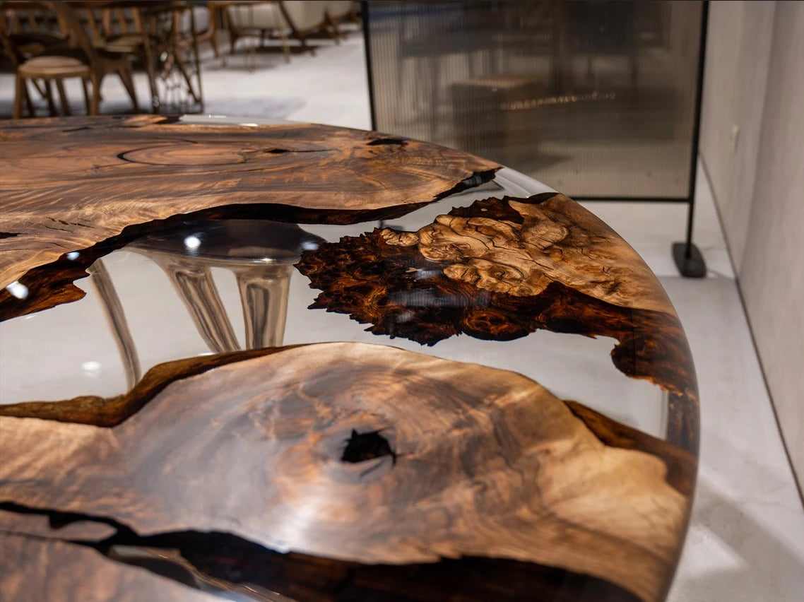 Luxury Round Walnut Dining Table with Rose Gold Aluminum Legs - Modern Kitchen & Dining Room Furniture for Family Gatherings & Dinner Parties
