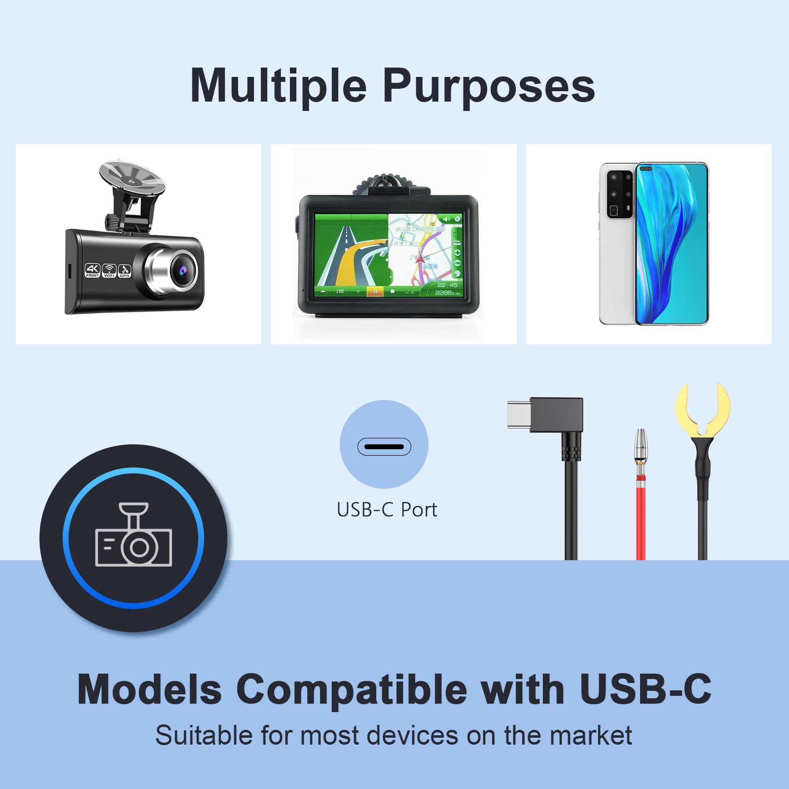 Premium USB-C Hardwire Kit for Dash Cam - 12V/24V to 5V 2.5A Power Cord with 4 Adapters & 3 Fuses - 4m Car Charger Cable for Dashcam, GPS & Car Electronics - Perfect for Continuous Recording & Parking Mode