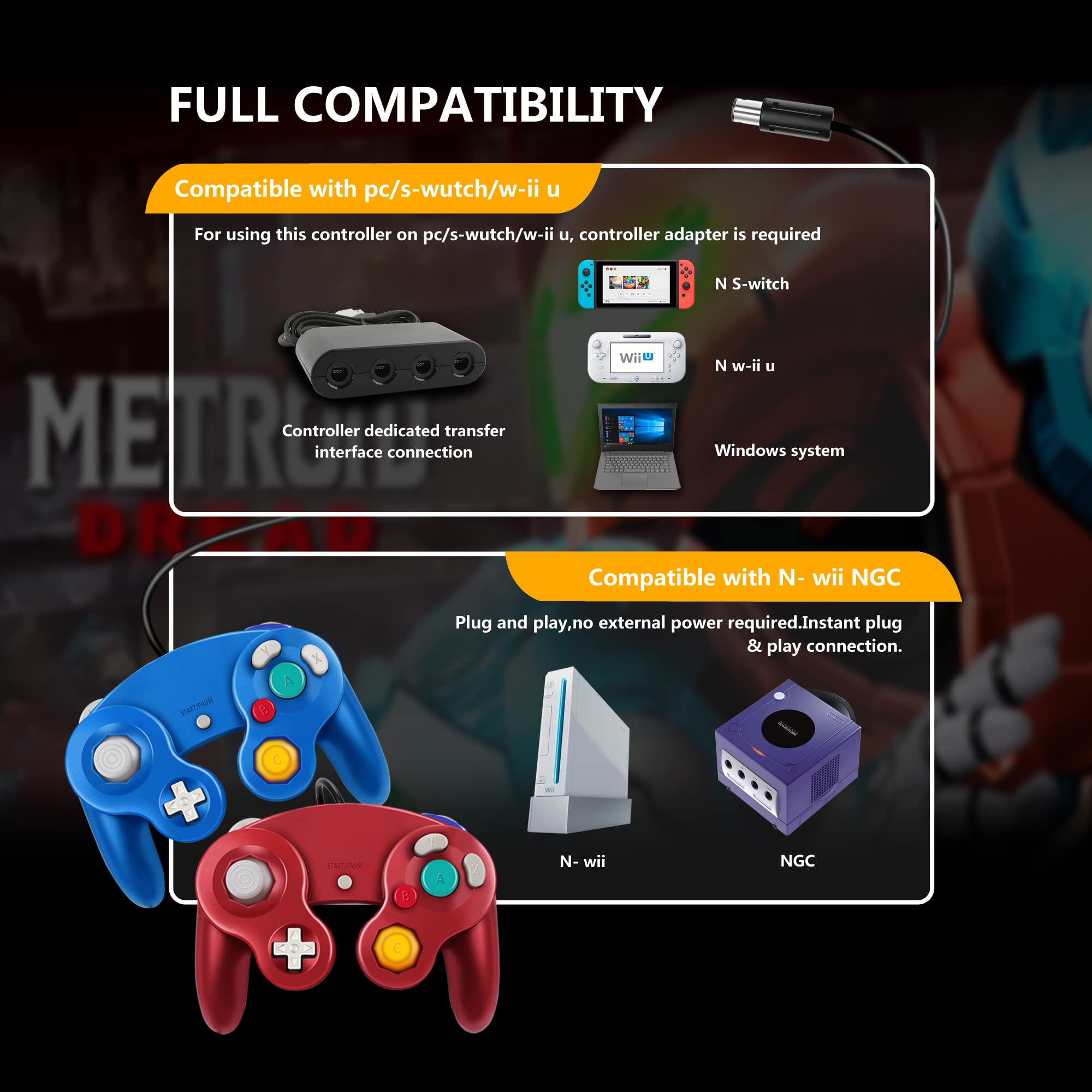 **FIOTOK Gamecube Controller 2-Pack - Classic Wired for Wii & Nintendo (Blue & Red) - Perfect for Multiplayer Gaming**