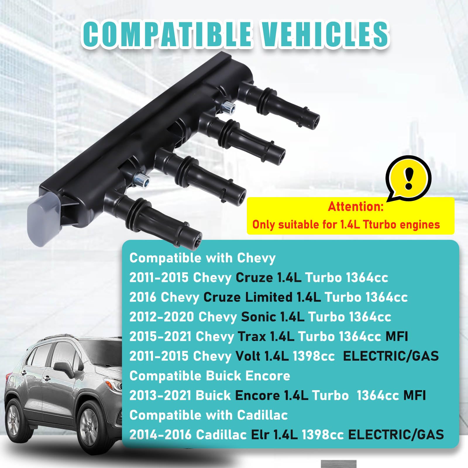 High Performance Ignition Coil Pack Compatible with Chevy Cruze/Sonic/Trax/Volt, Cadillac ELR & Buick Encore 1.4L Turbo (2011-2020) - Replaces D521C, UF669, 55577898, 55579072, 25198623 - Perfect for Engine Misfire Repair & Performance Upgrade