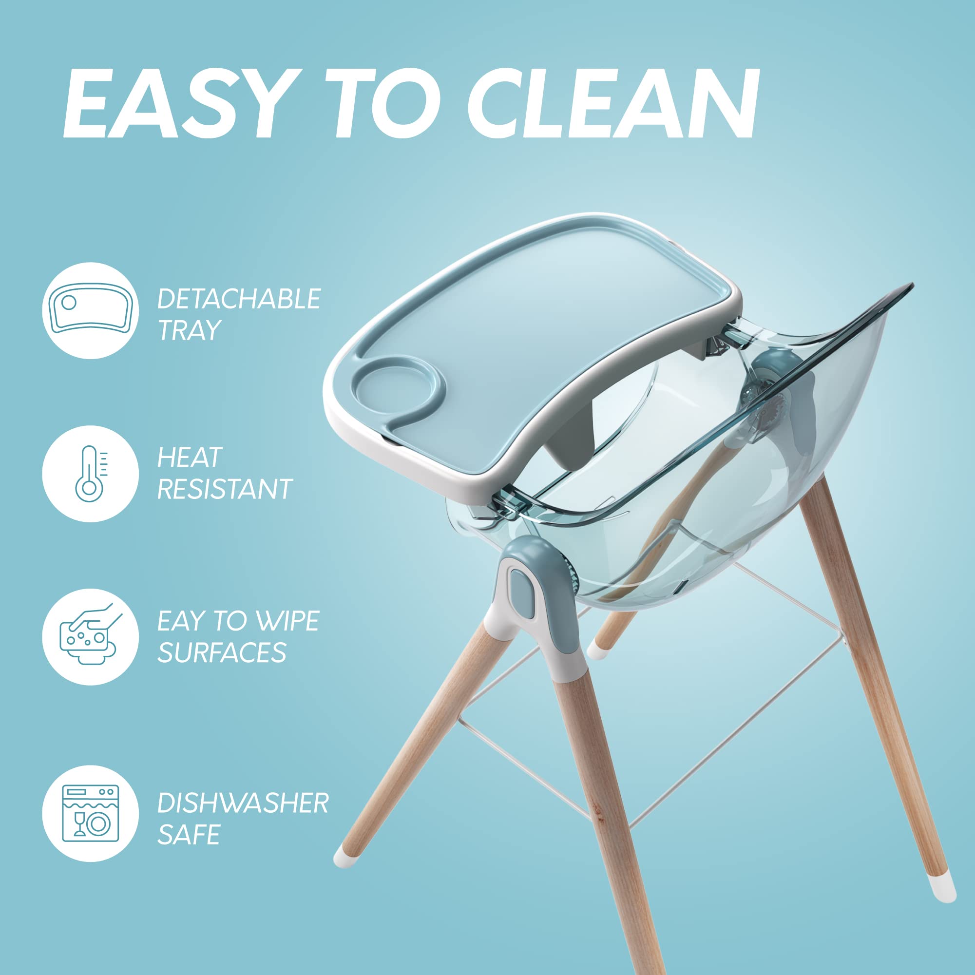 6-in-1 Deluxe Wooden High Chair for Babies & Toddlers - Modern Safe Compact Baby Highchair with Removable Tray | 3 Seat Positions & 2 Height Adjustments | Easy to Clean & Assemble | Nursery, Dining Room & Outdoor Use (Blue)