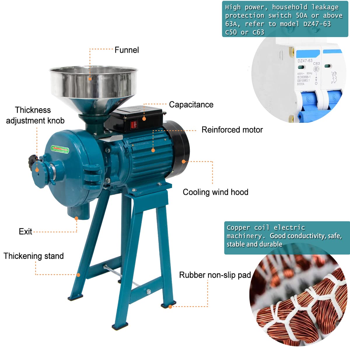3000W Electric Grain Mill Grinder for Wet & Dry Grains - Commercial & Home Use Flour Mill for Rice, Wheat, Corn | Perfect for Baking, Farm Use & Latin Cooking (Molino de Maiz Electrico)