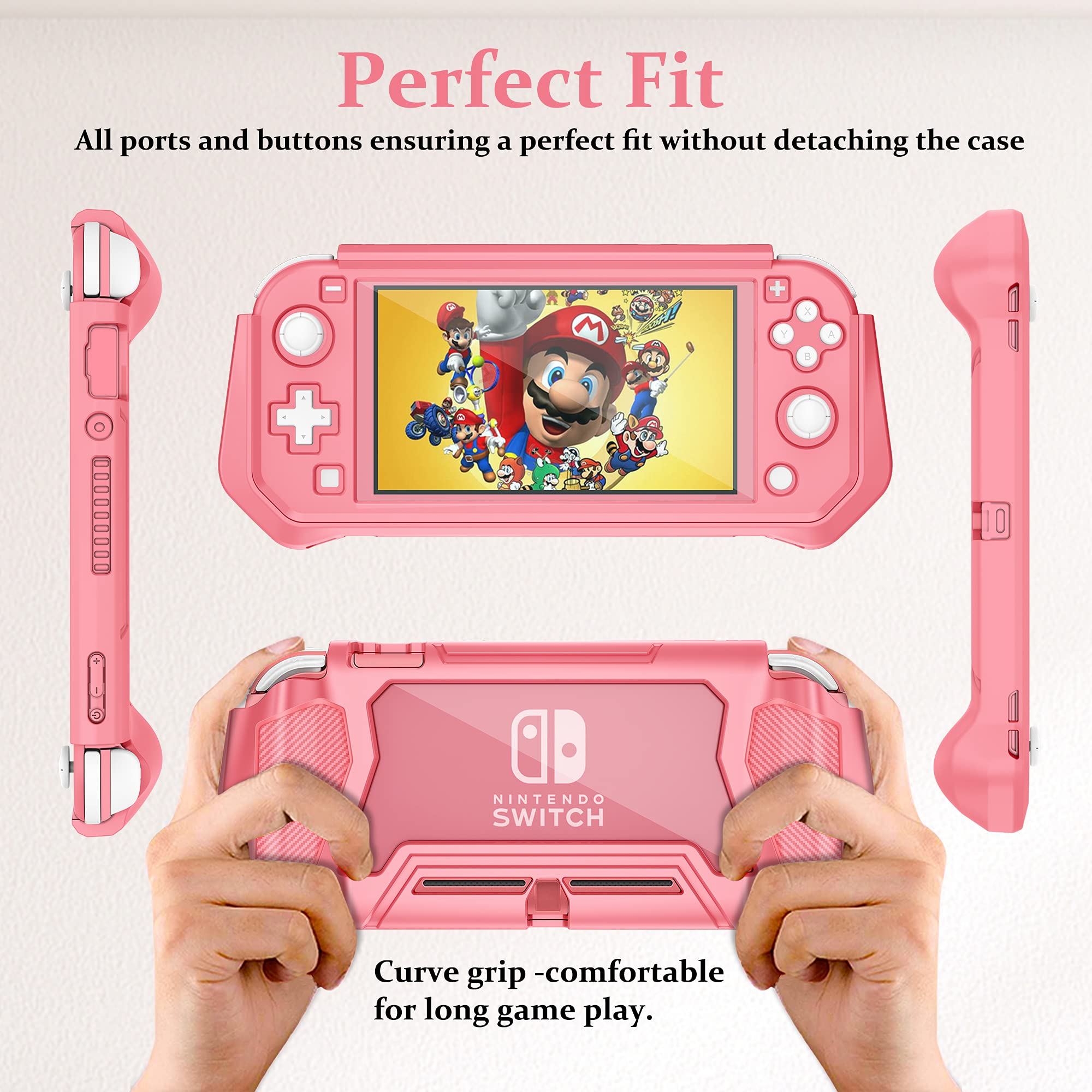 Nintendo Switch Lite Protective Case - Detachable TPU Cover with Built-in PC Screen Protector & 2 Thumb Grip Caps (Coral) | Shockproof Hand Grip Case for Enhanced Gaming Comfort - Perfect for Travel & Home Entertainment