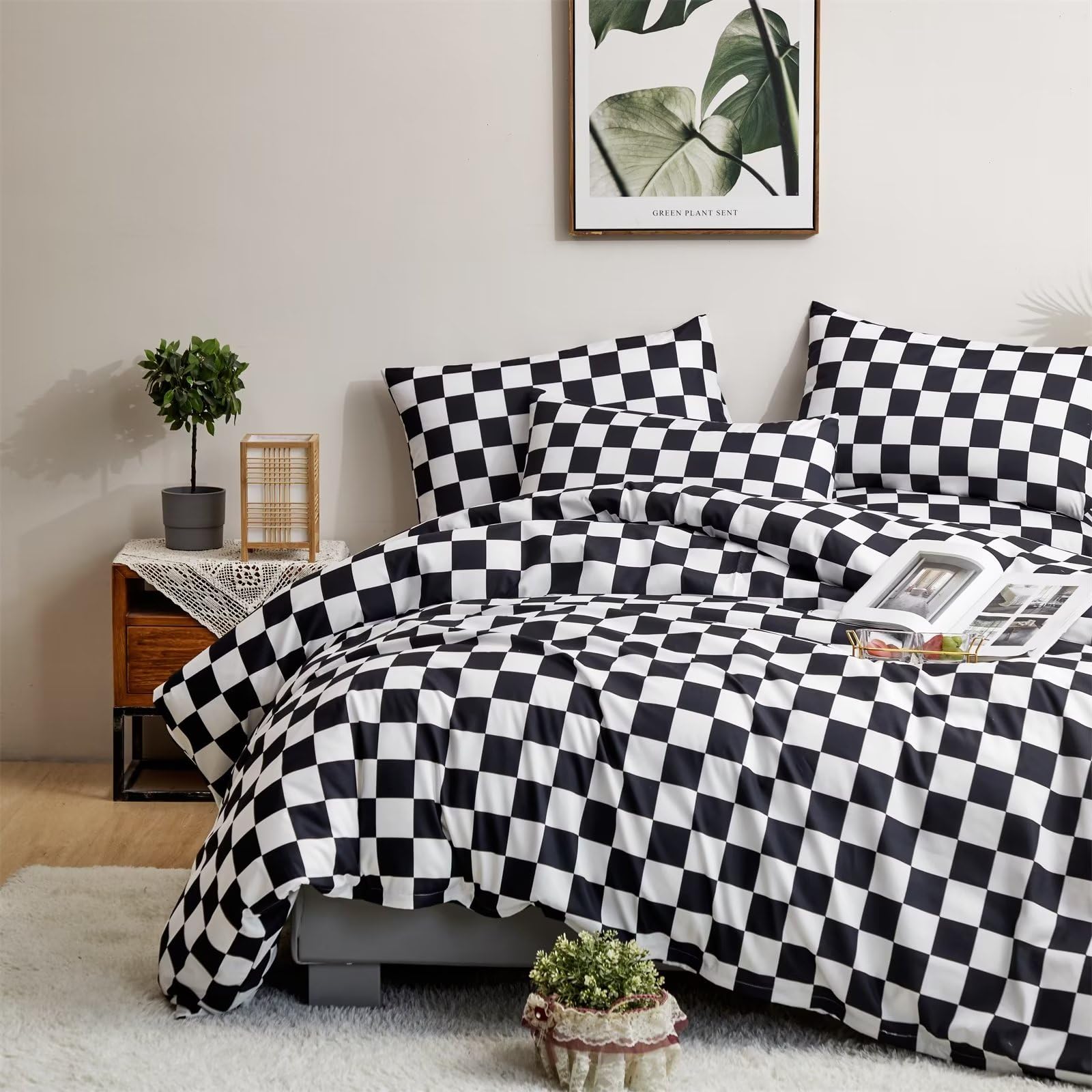 Houseri Plaid Comforter Set - Full Size Buffalo Check Bedding for Teen Boys, Black & White Checkered Comforter & Blanket Quilt - Perfect for Dorm Room, Bedroom & Cozy Winter Nights