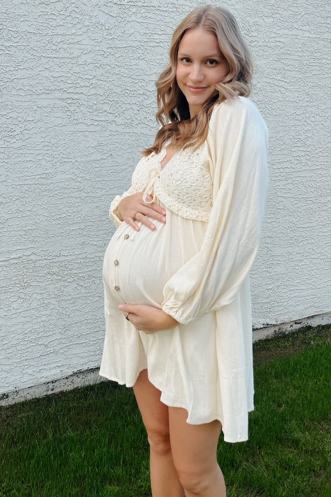 Beige Crochet Lace Button Front Maternity Dress for Pregnancy Photos, Baby Shower & Special Occasions - Comfortable Nursing Dress for Expecting Mothers