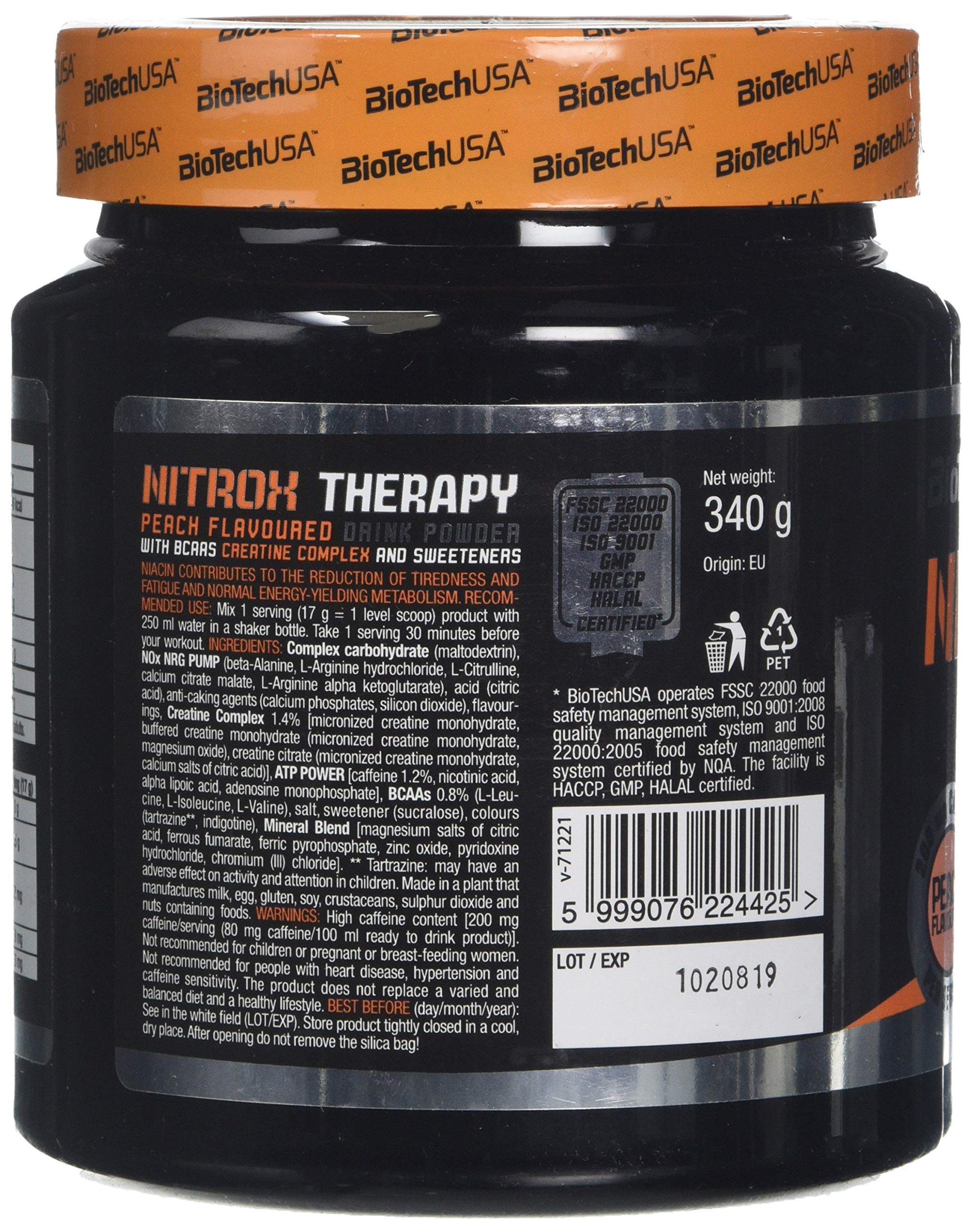 BioTechUSA Nitrox Therapy Peach Protein Powder - 340g for Muscle Recovery & Workout Supplement | Pre & Post-Workout Nutrition